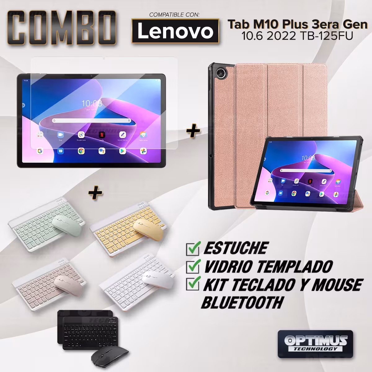 Kit Vidrio templado + Case Protector + Teclado y Mouse Bluetooth Tablet Lenovo Tab M10 Plus 3era Gen 10.6 2022 TB-125FU