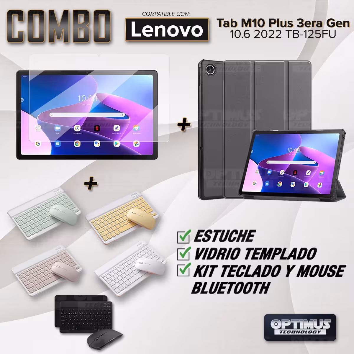 Kit Vidrio templado + Case Protector + Teclado y Mouse Bluetooth Tablet Lenovo Tab M10 Plus 3era Gen 10.6 2022 TB-125FU