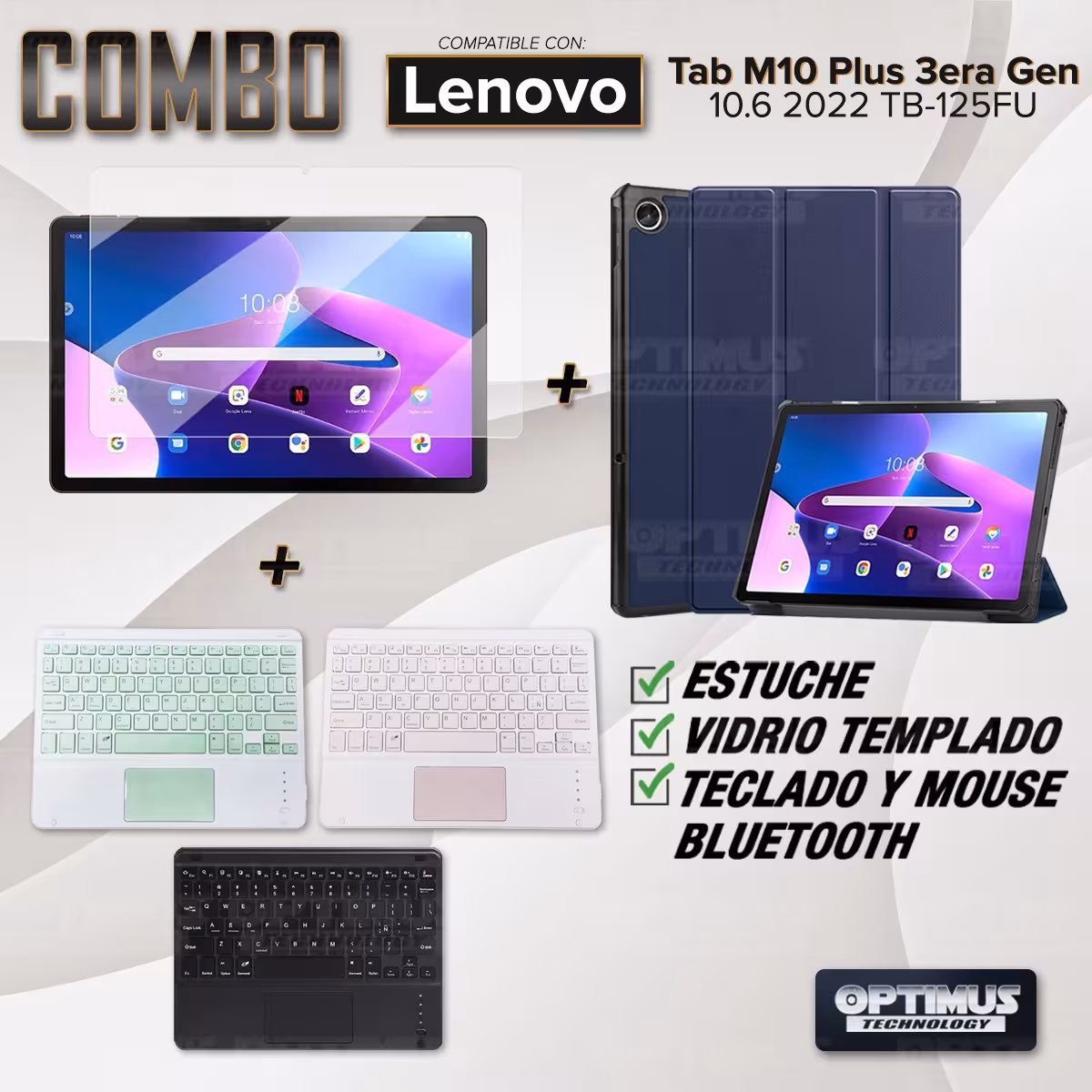 Kit Vidrio templado + Case Protector + Teclado Touchpad Bluetooth Tablet Lenovo Tab M10 Plus 3era Gen 10.6 2022 TB-125FU