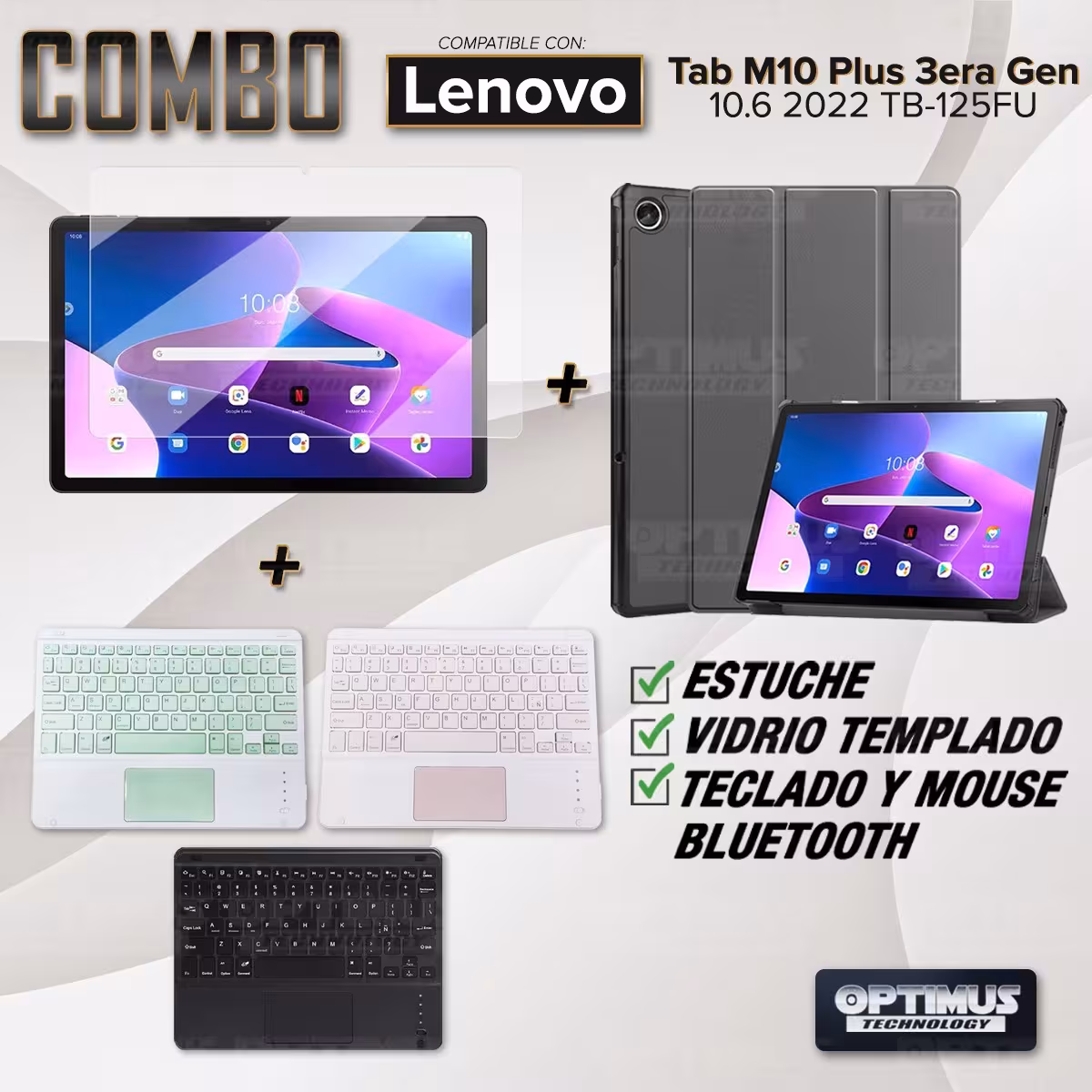 Kit Vidrio templado + Case Protector + Teclado Touchpad Bluetooth Tablet Lenovo Tab M10 Plus 3era Gen 10.6 2022 TB-125FU