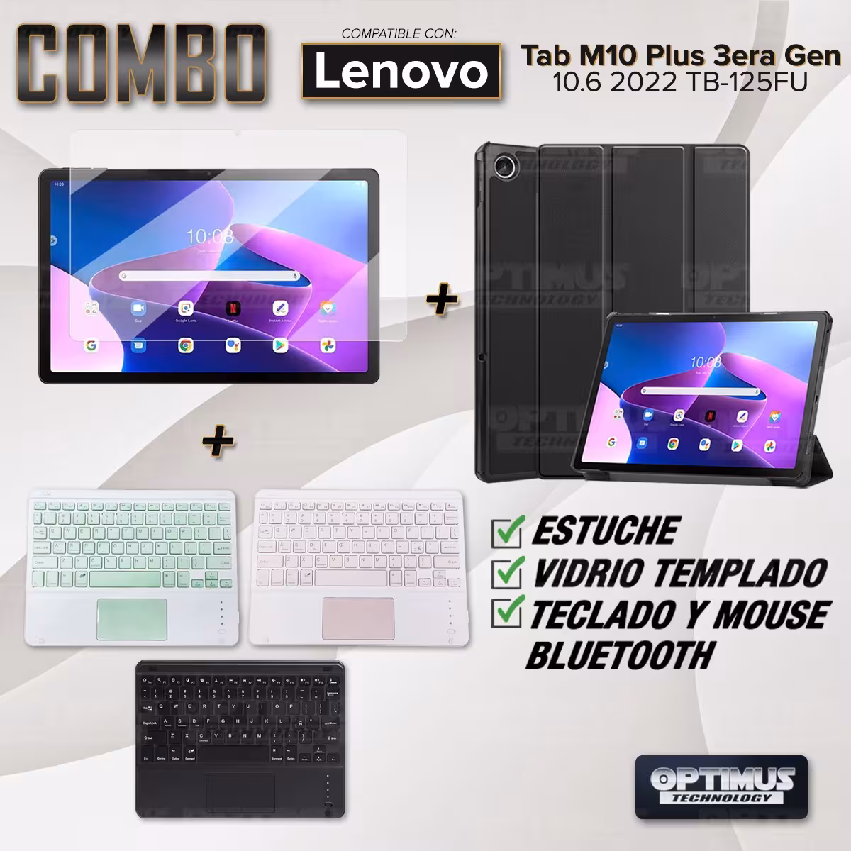 Kit Vidrio templado + Case Protector + Teclado Touchpad Bluetooth Tablet Lenovo Tab M10 Plus 3era Gen 10.6 2022 TB-125FU