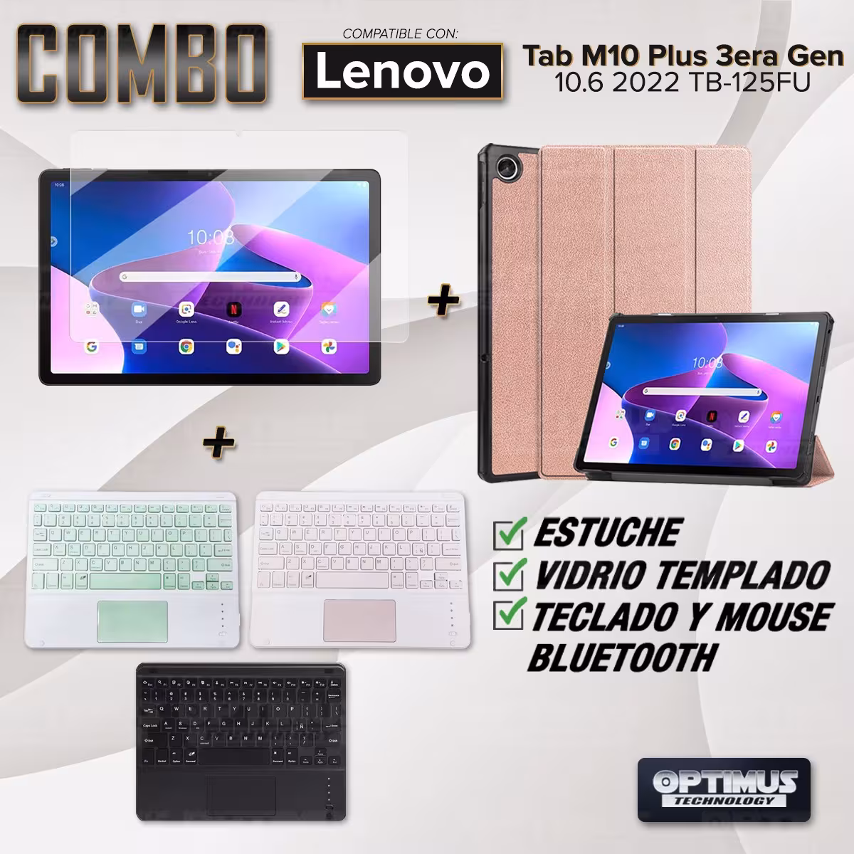 Kit Vidrio templado + Case Protector + Teclado Touchpad Bluetooth Tablet Lenovo Tab M10 Plus 3era Gen 10.6 2022 TB-125FU
