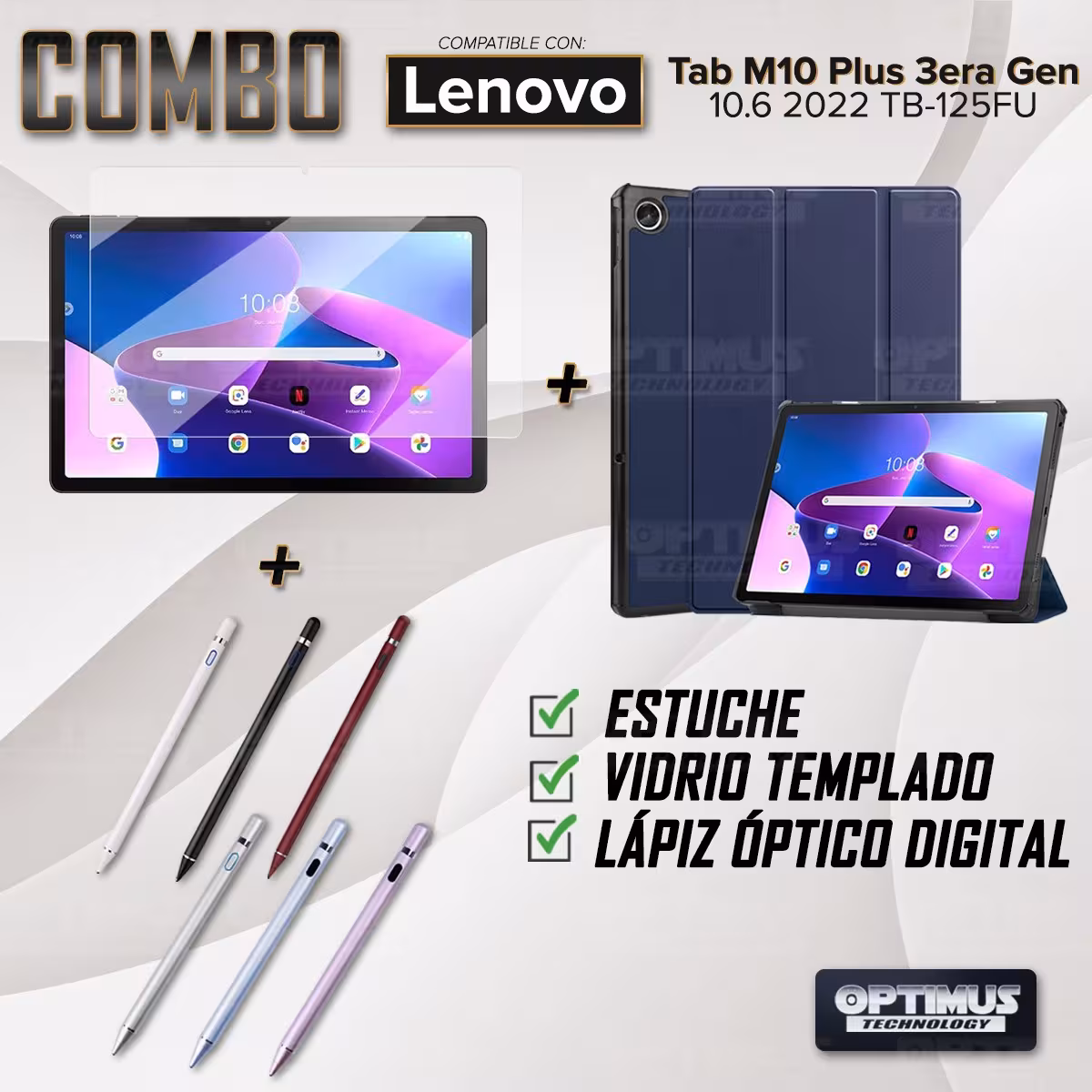 Kit Vidrio templado + Case Protector + Lápiz Digital Tablet Lenovo Tab M10 Plus 3era Gen 10.6 2022 TB-125FU / TB-128F