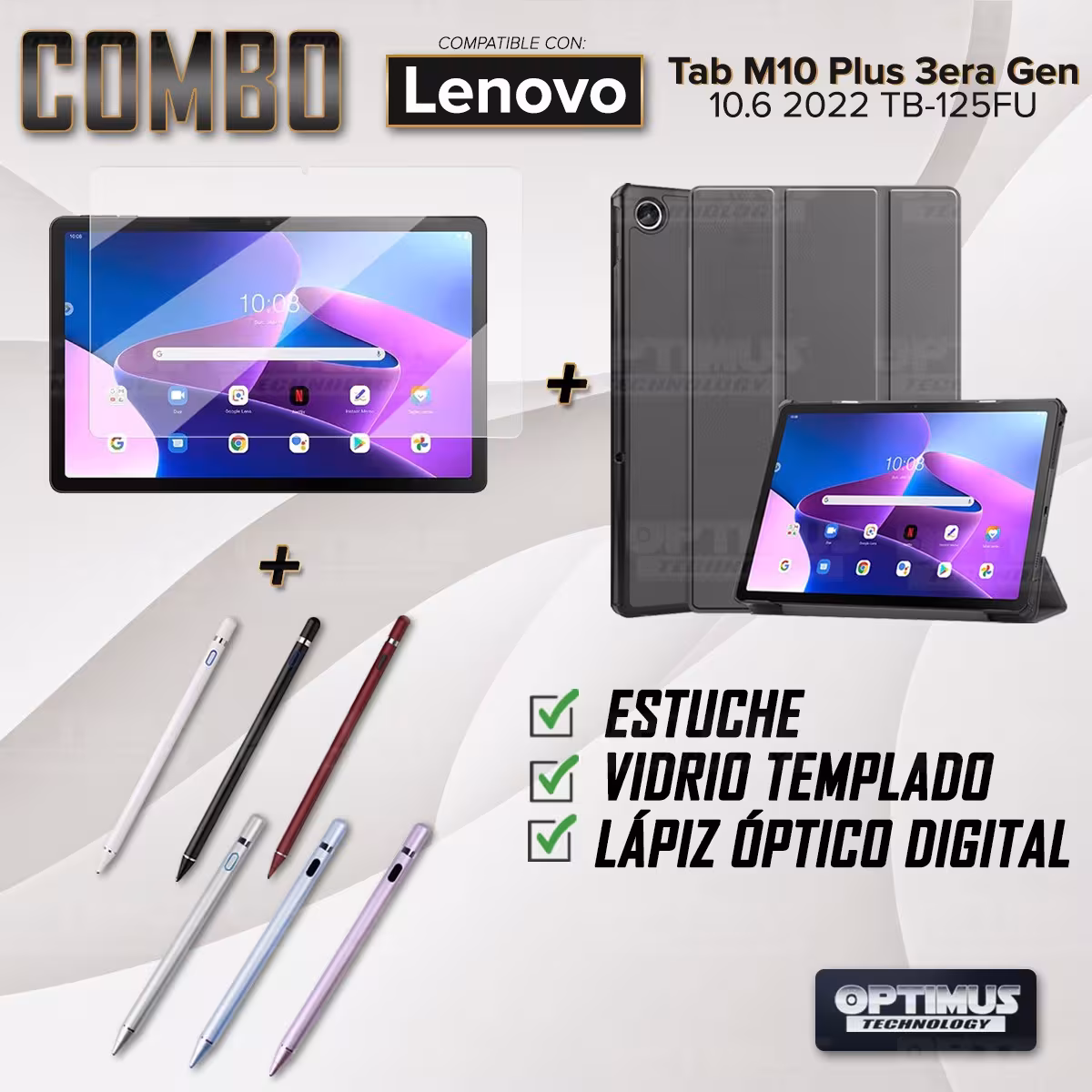 Kit Vidrio templado + Case Protector + Lápiz Digital Tablet Lenovo Tab M10 Plus 3era Gen 10.6 2022 TB-125FU / TB-128F