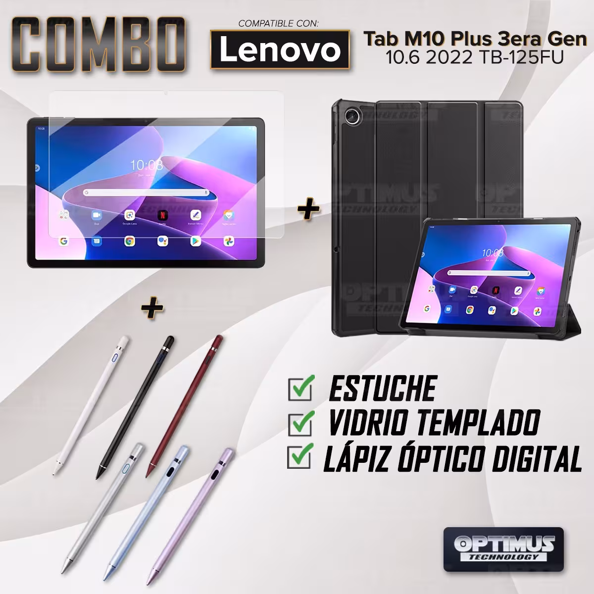 Kit Vidrio templado + Case Protector + Lápiz Digital Tablet Lenovo Tab M10 Plus 3era Gen 10.6 2022 TB-125FU / TB-128F