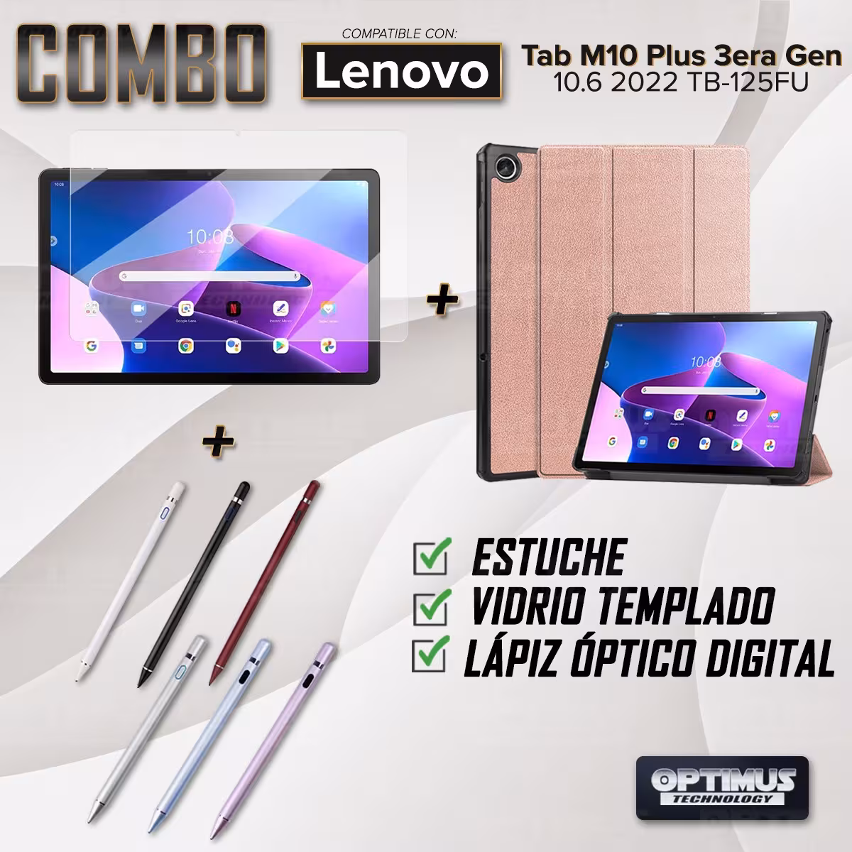 Kit Vidrio templado + Case Protector + Lápiz Digital Tablet Lenovo Tab M10 Plus 3era Gen 10.6 2022 TB-125FU / TB-128F