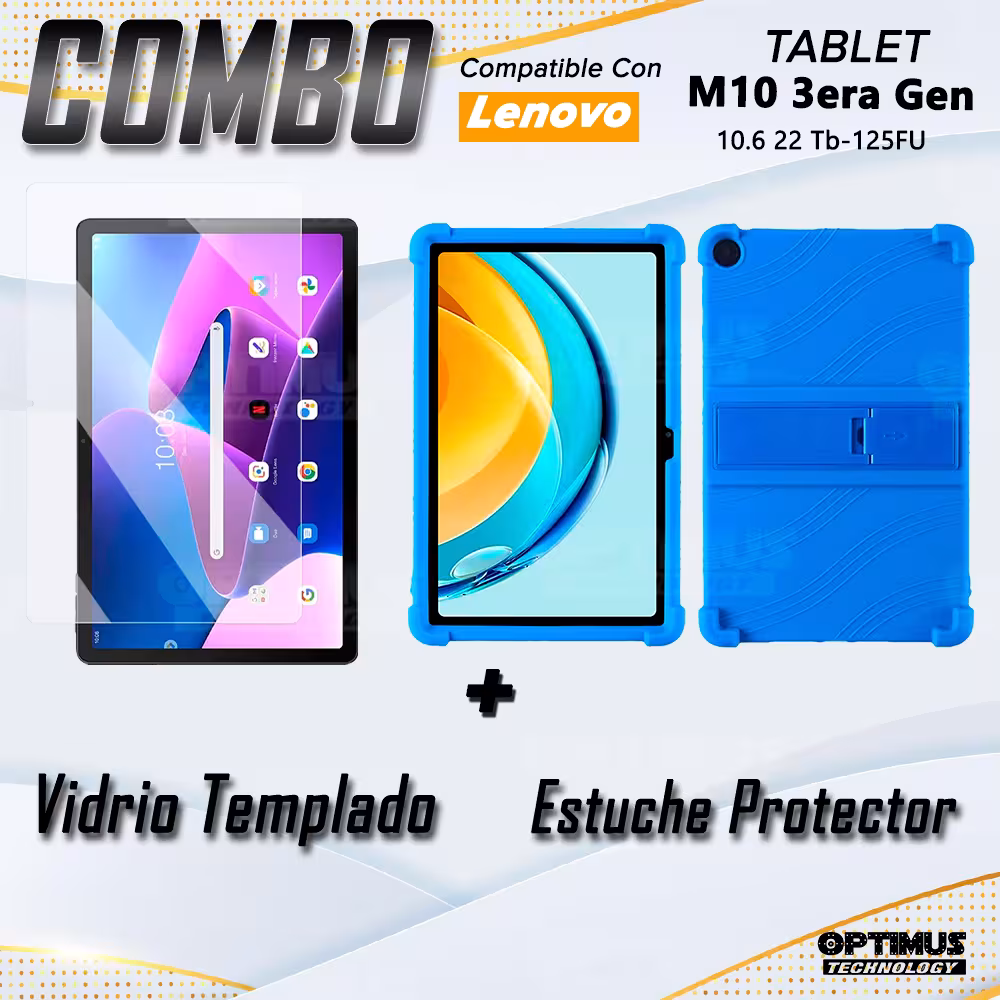 Combo Vidrio templado y Estuche Protector de goma antigolpes con soporte Tablet Lenovo M10 Plus 3era Gen 10.6 2022 TB-125FU