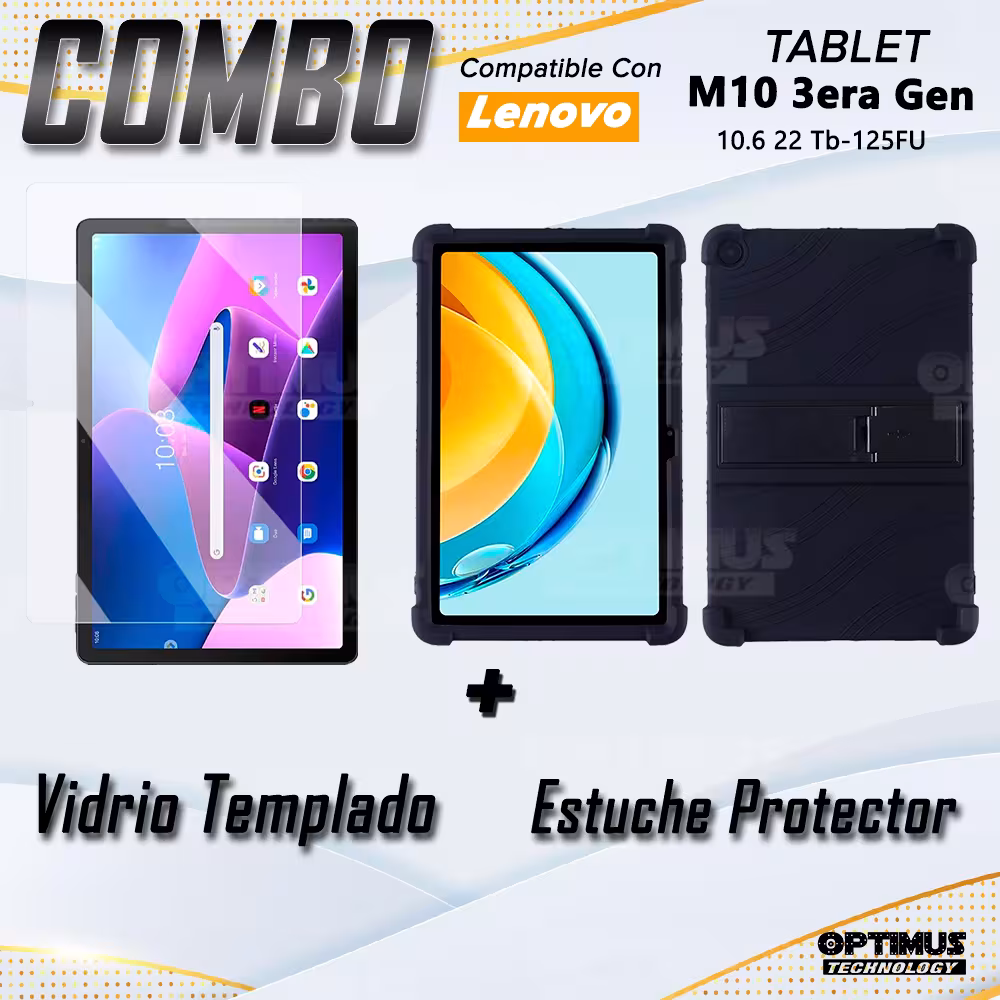 Combo Vidrio templado y Estuche Protector de goma antigolpes con soporte Tablet Lenovo M10 Plus 3era Gen 10.6 2022 TB-125FU