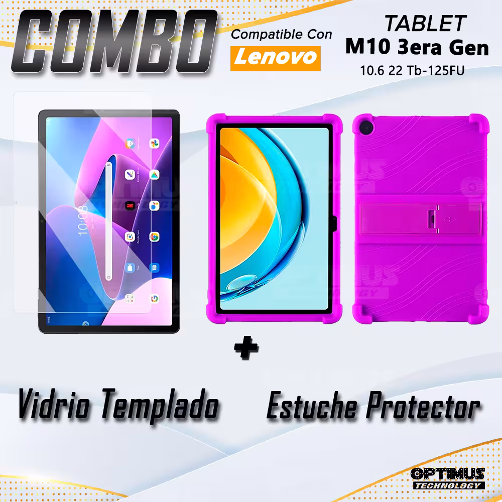 Combo Vidrio templado y Estuche Protector de goma antigolpes con soporte Tablet Lenovo M10 Plus 3era Gen 10.6 2022 TB-125FU