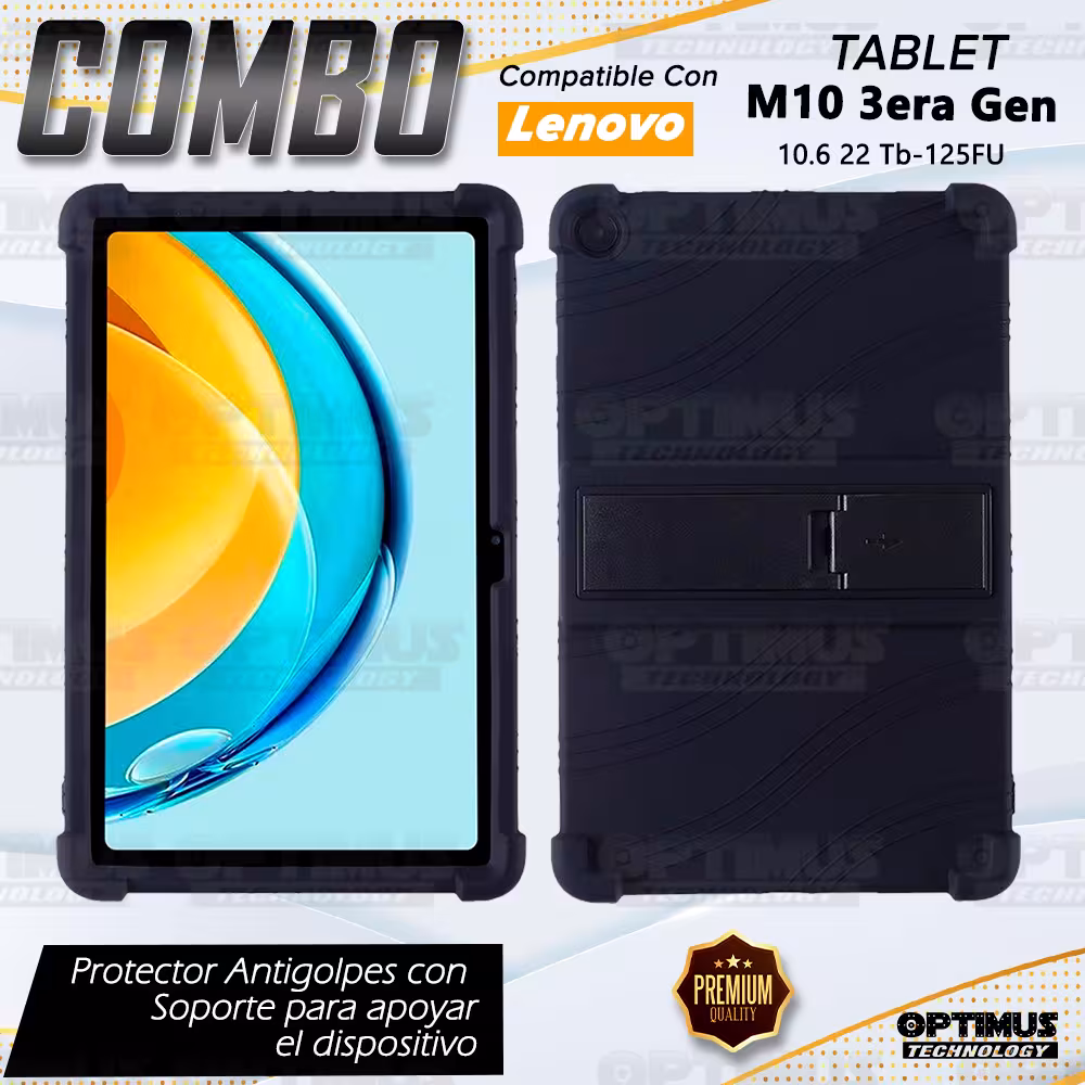 Combo Vidrio templado y Estuche Protector de goma antigolpes con soporte Tablet Lenovo M10 Plus 3era Gen 10.6 2022 TB-125FU