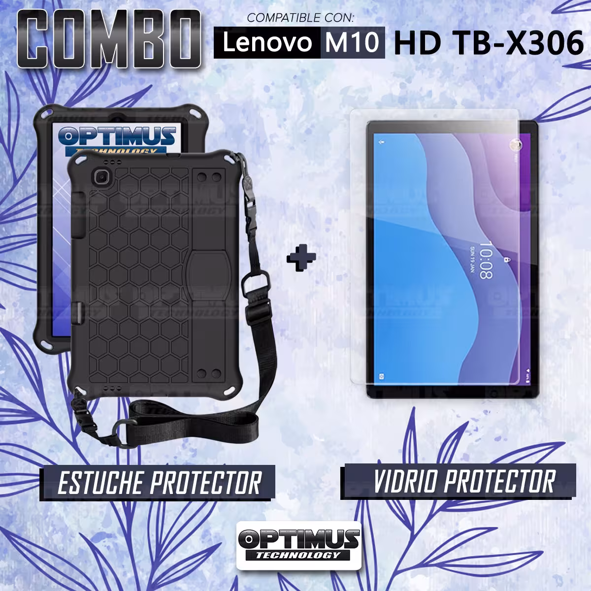 Kit Vidrio Cristal Templado Y Estuche Protector Anti golpes con Correa para Tablet Lenovo M10 HD TB-X306