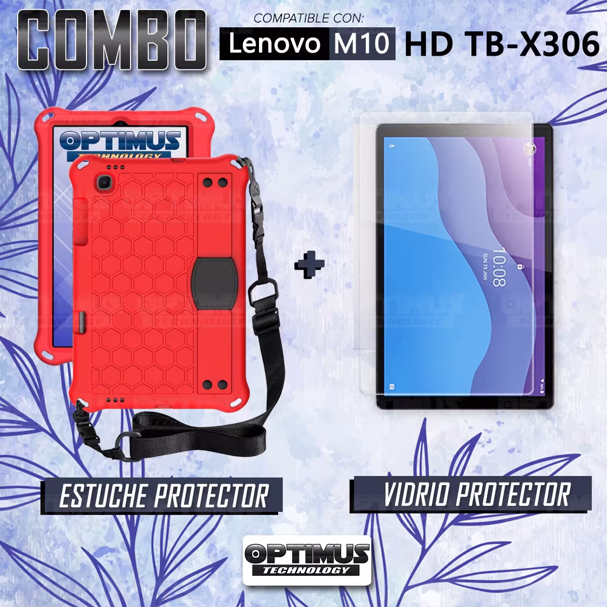 Kit Vidrio Cristal Templado Y Estuche Protector Anti golpes con Correa para Tablet Lenovo M10 HD TB-X306