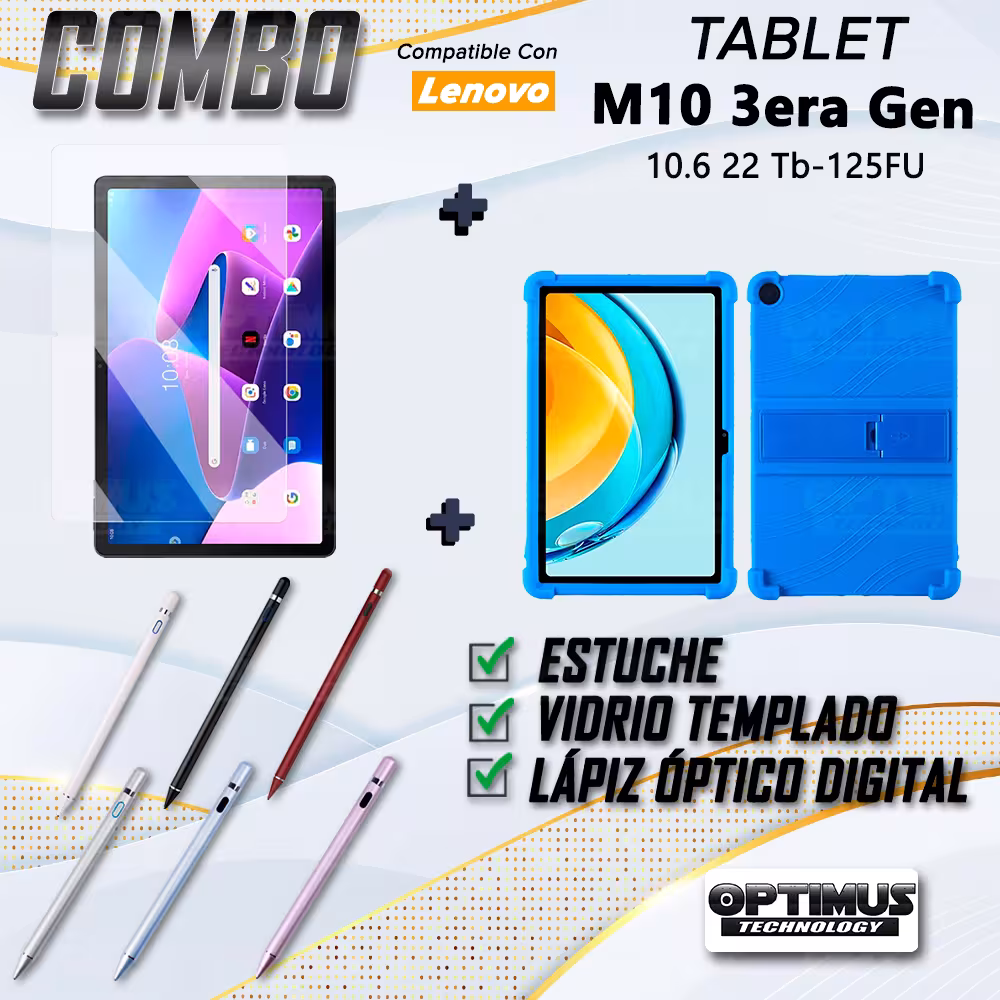 Combo Vidrio Templado + Estuche Protector Goma + Lápiz Digital Para Tablet Lenovo M10 3rth Gen (TB125FU) 10.6 2022