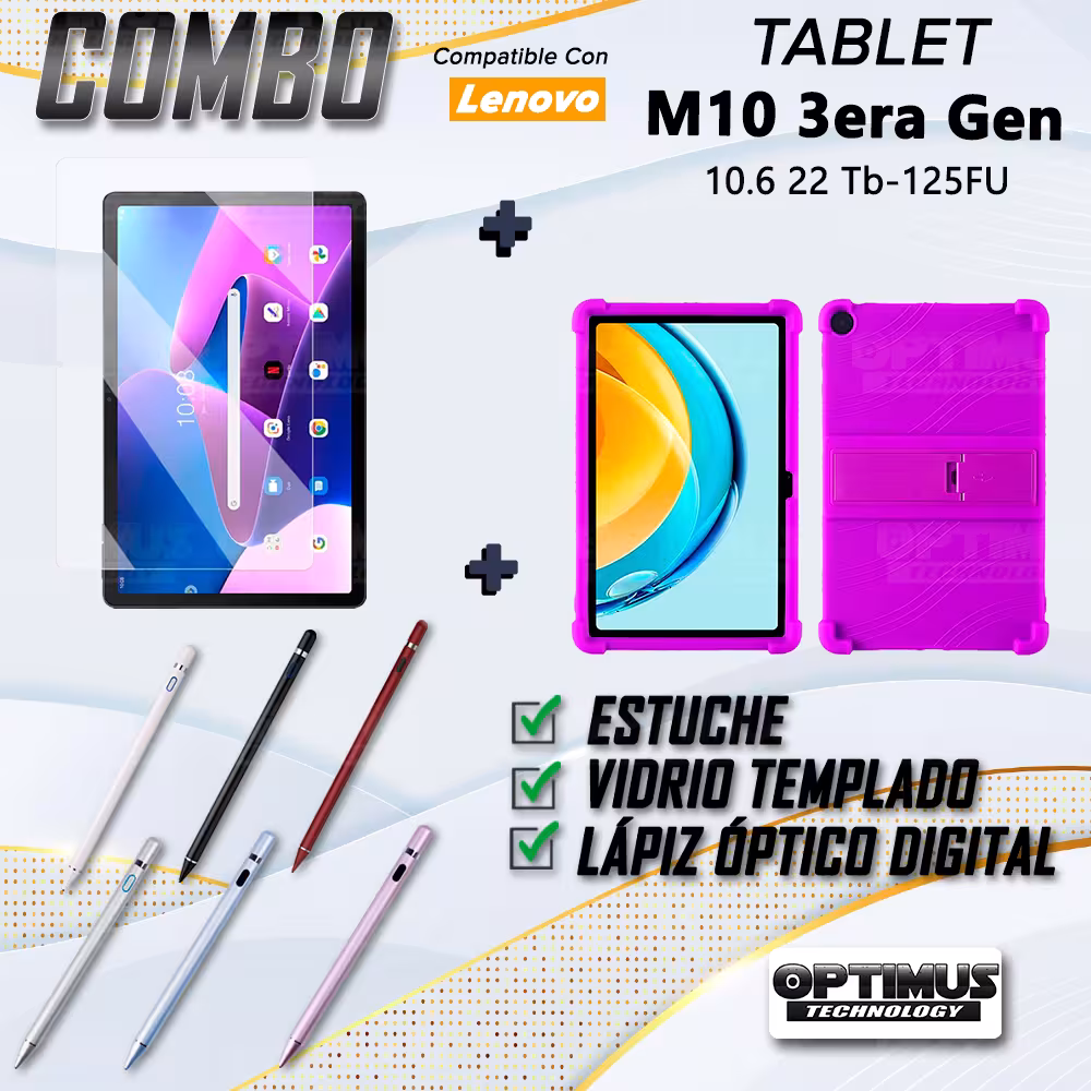 Combo Vidrio Templado + Estuche Protector Goma + Lápiz Digital Para Tablet Lenovo M10 3rth Gen (TB125FU) 10.6 2022