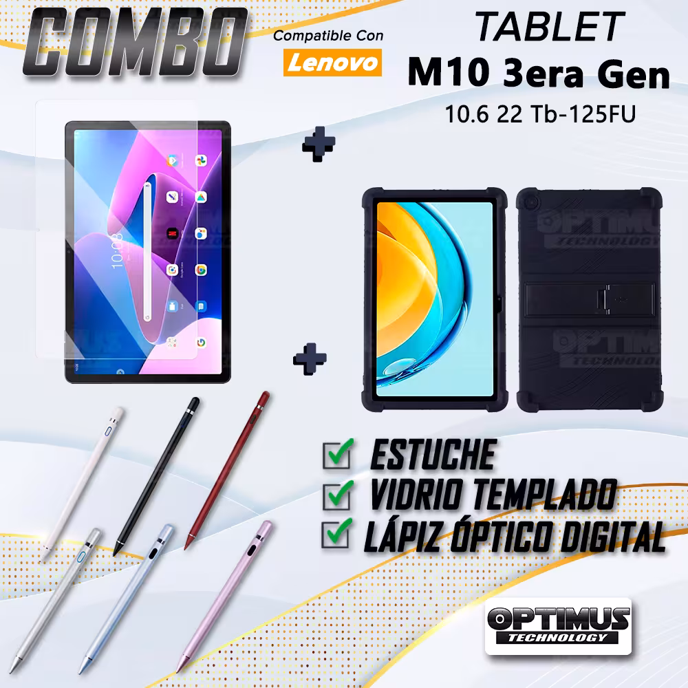Combo Vidrio Templado + Estuche Protector Goma + Lápiz Digital Para Tablet Lenovo M10 3rth Gen (TB125FU) 10.6 2022