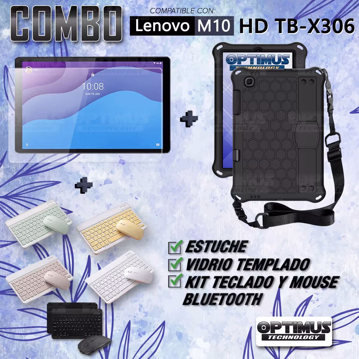 Kit Vidrio templado + Case Protector con correa + Teclado y Mouse Bluetooth Tablet Lenovo M10 HD TB-X306