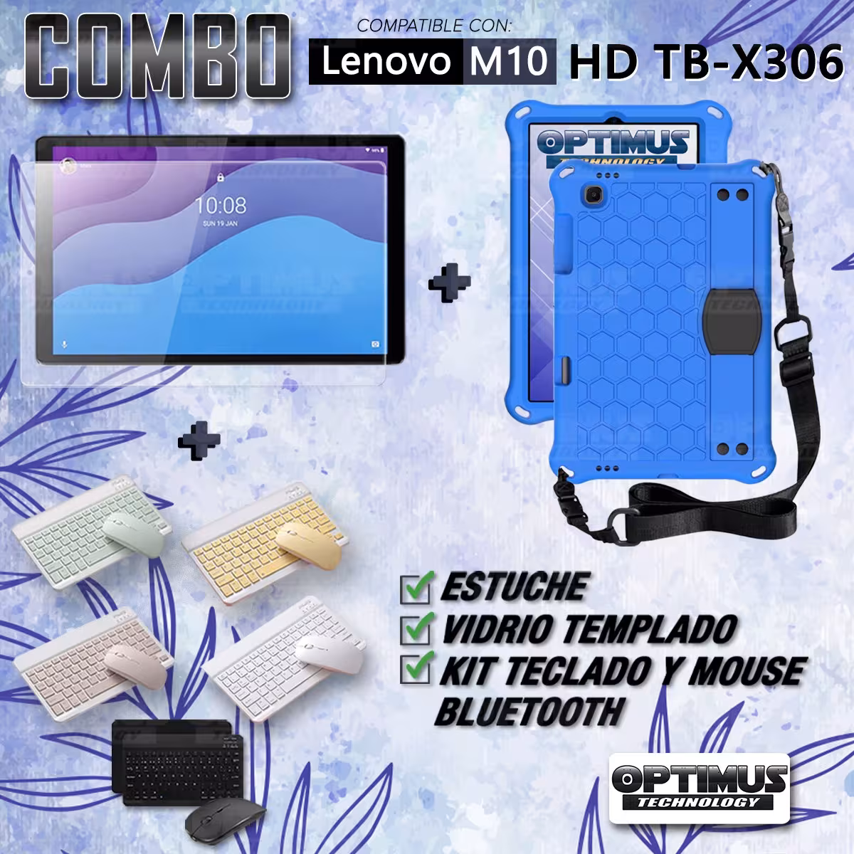 Kit Vidrio templado + Case Protector con correa + Teclado y Mouse Bluetooth Tablet Lenovo M10 HD TB-X306