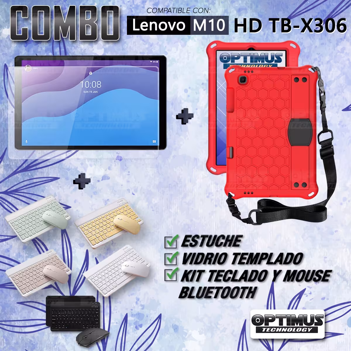 Kit Vidrio templado + Case Protector con correa + Teclado y Mouse Bluetooth Tablet Lenovo M10 HD TB-X306