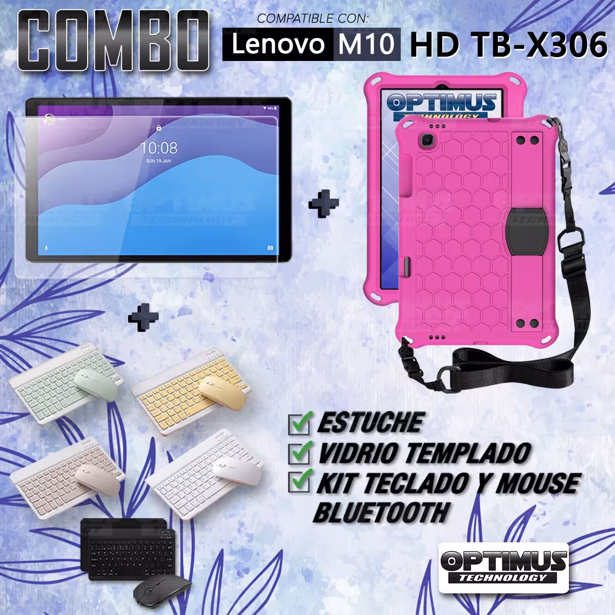 Kit Vidrio templado + Case Protector con correa + Teclado y Mouse Bluetooth Tablet Lenovo M10 HD TB-X306