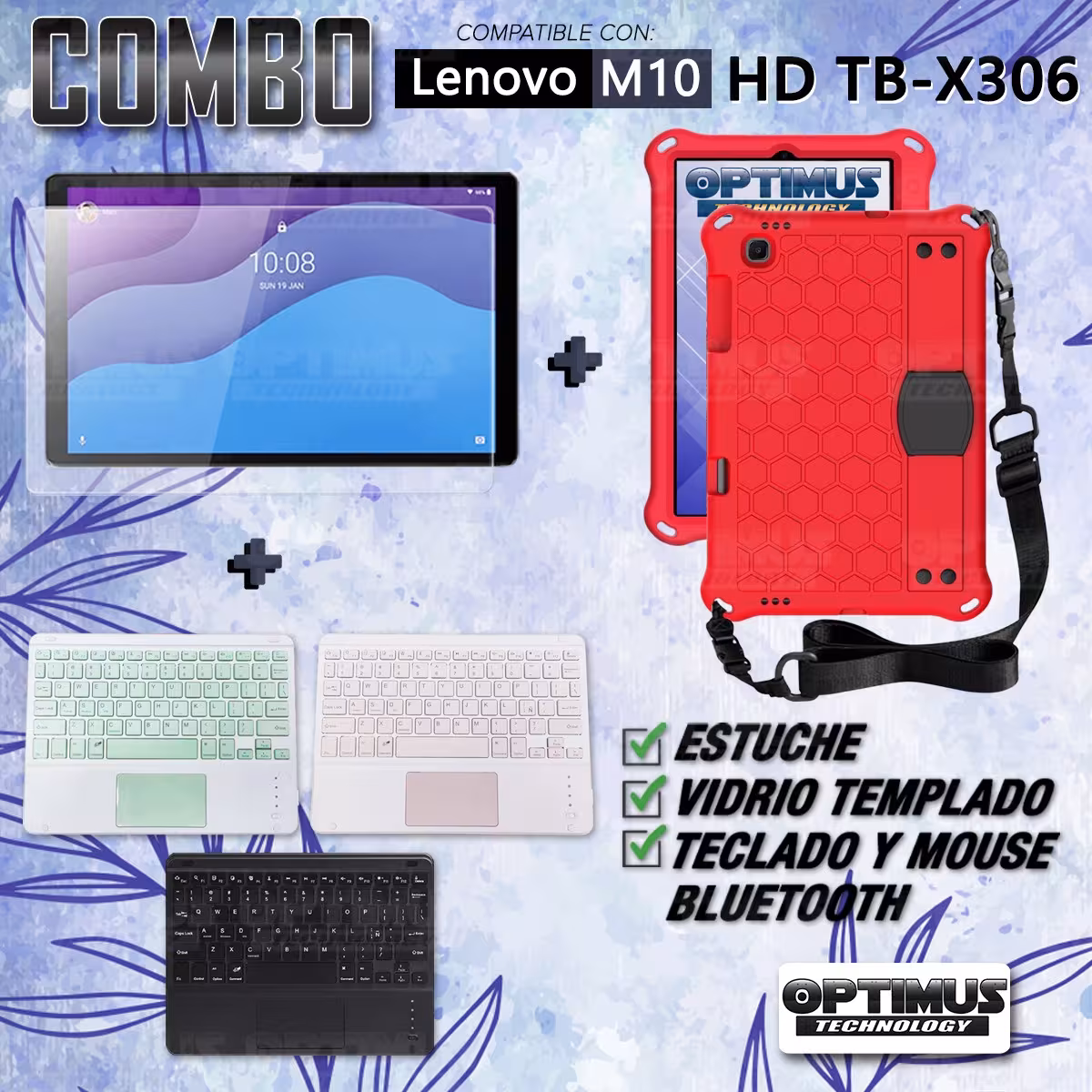 Kit Vidrio templado + Case Protector con correa + Teclado Touchpad Bluetooth Tablet Lenovo M10 HD TB-X306