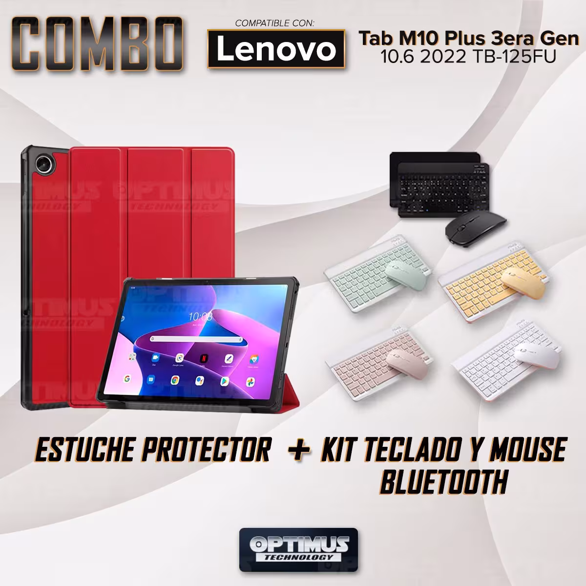 Kit Case Forro Protector + Teclado y Mouse Ratón Bluetooth para Tablet Lenovo Tab M10 Plus 3era Gen 10.6 2022 TB-125FU / TB-128F