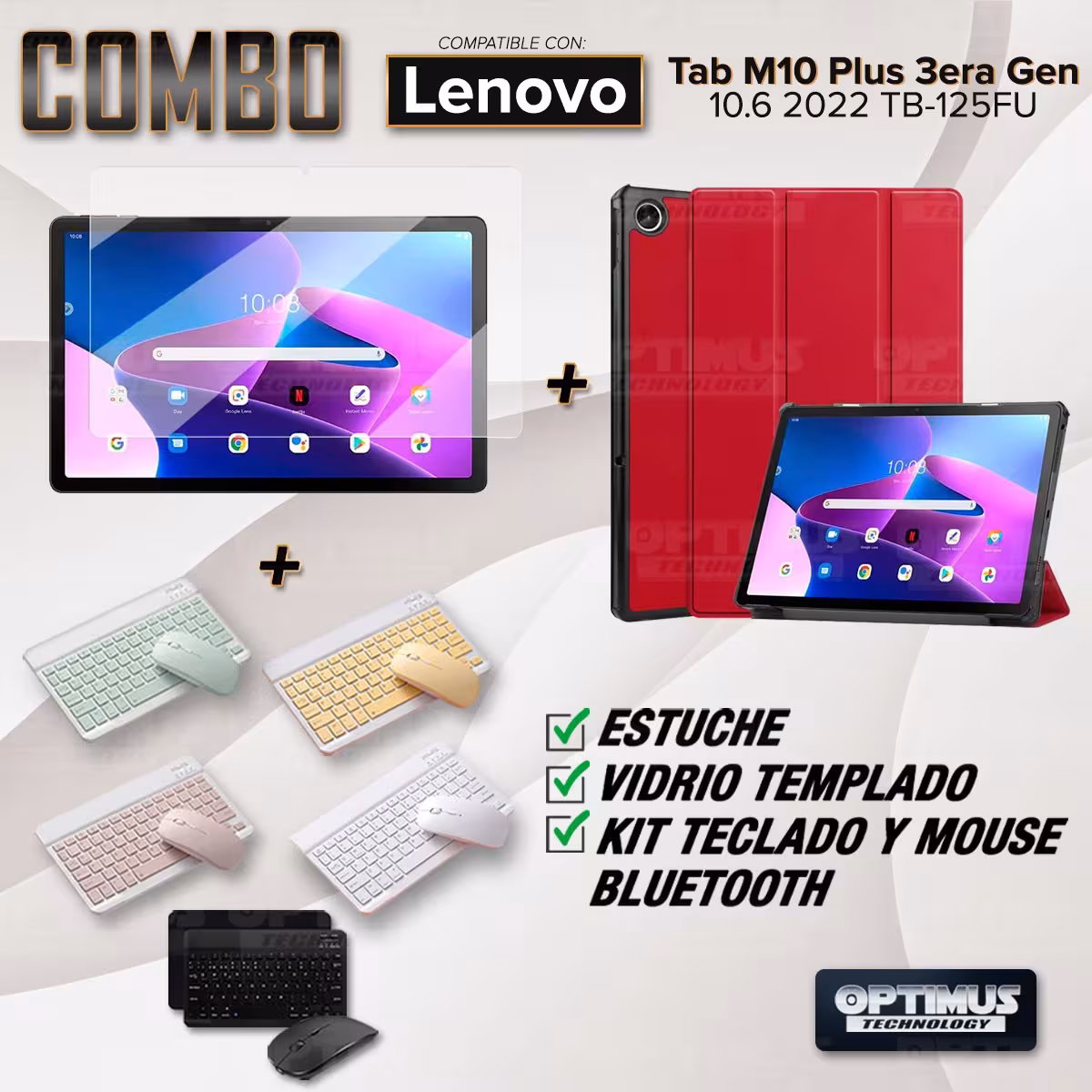 Kit Vidrio templado + Case Protector + Teclado y Mouse Bluetooth Tablet Lenovo Tab M10 Plus 3era Gen 10.6 2022 TB-125FU