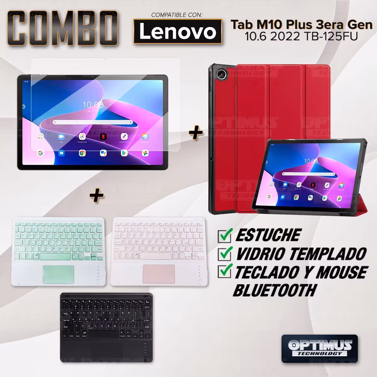Kit Vidrio templado + Case Protector + Teclado Touchpad Bluetooth Tablet Lenovo Tab M10 Plus 3era Gen 10.6 2022 TB-125FU