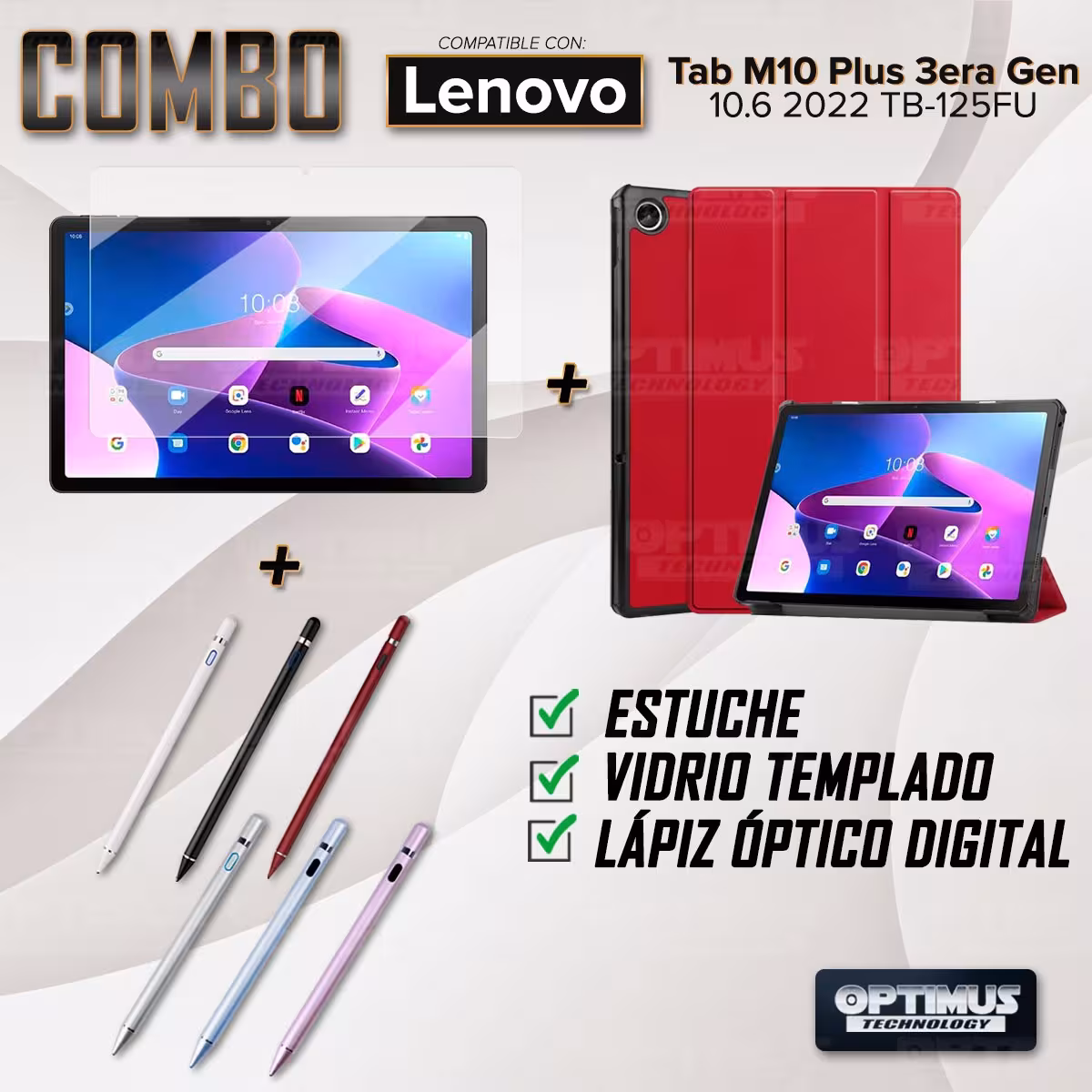 Kit Vidrio templado + Case Protector + Lápiz Digital Tablet Lenovo Tab M10 Plus 3era Gen 10.6 2022 TB-125FU / TB-128F