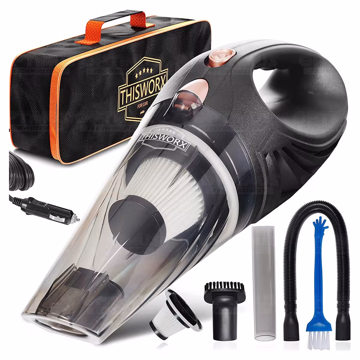 Aspiradora Alta Potencia para vehículos carros camionetas ThisWorx portátil de mano + Kit de limpieza + Filtro HEPA + Maletín