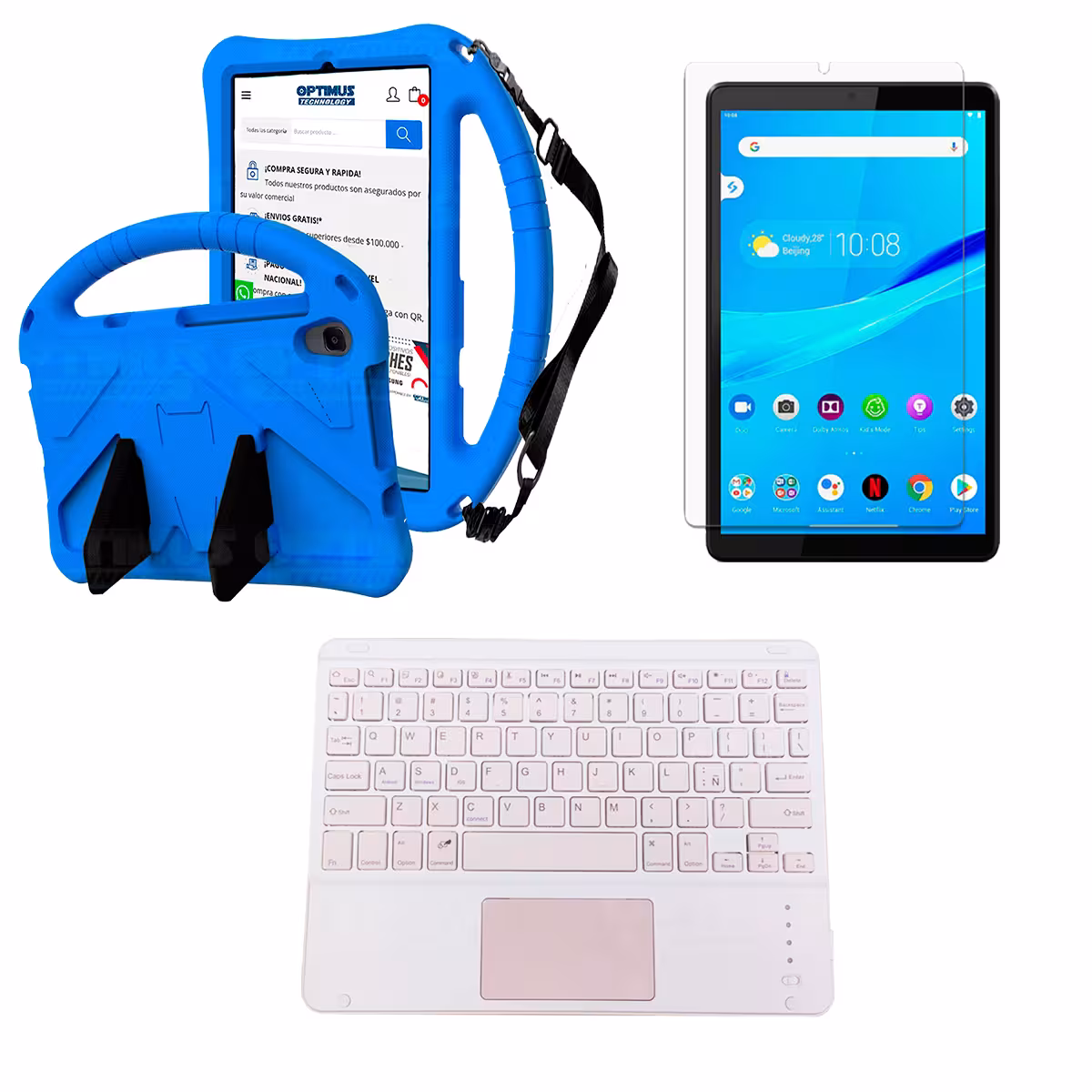 Kit Vidrio templado + Case Protector con correa + Teclado Touchpad Bluetooth Tablet Lenovo M8 X8505f