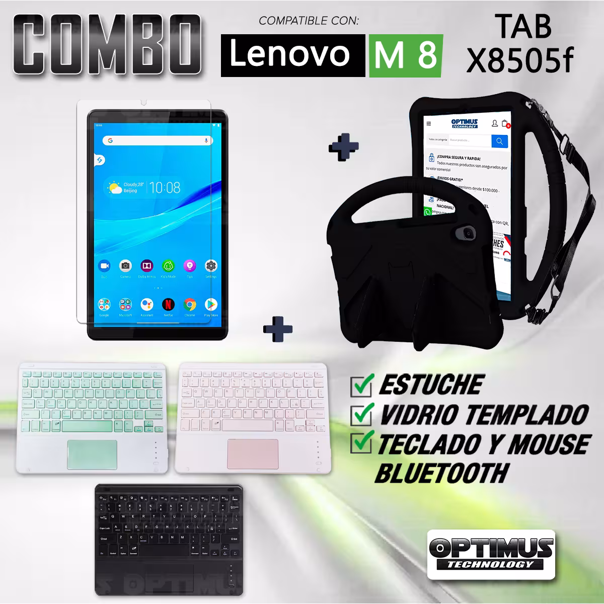 Kit Vidrio templado + Case Protector con correa + Teclado Touchpad Bluetooth Tablet Lenovo M8 X8505f