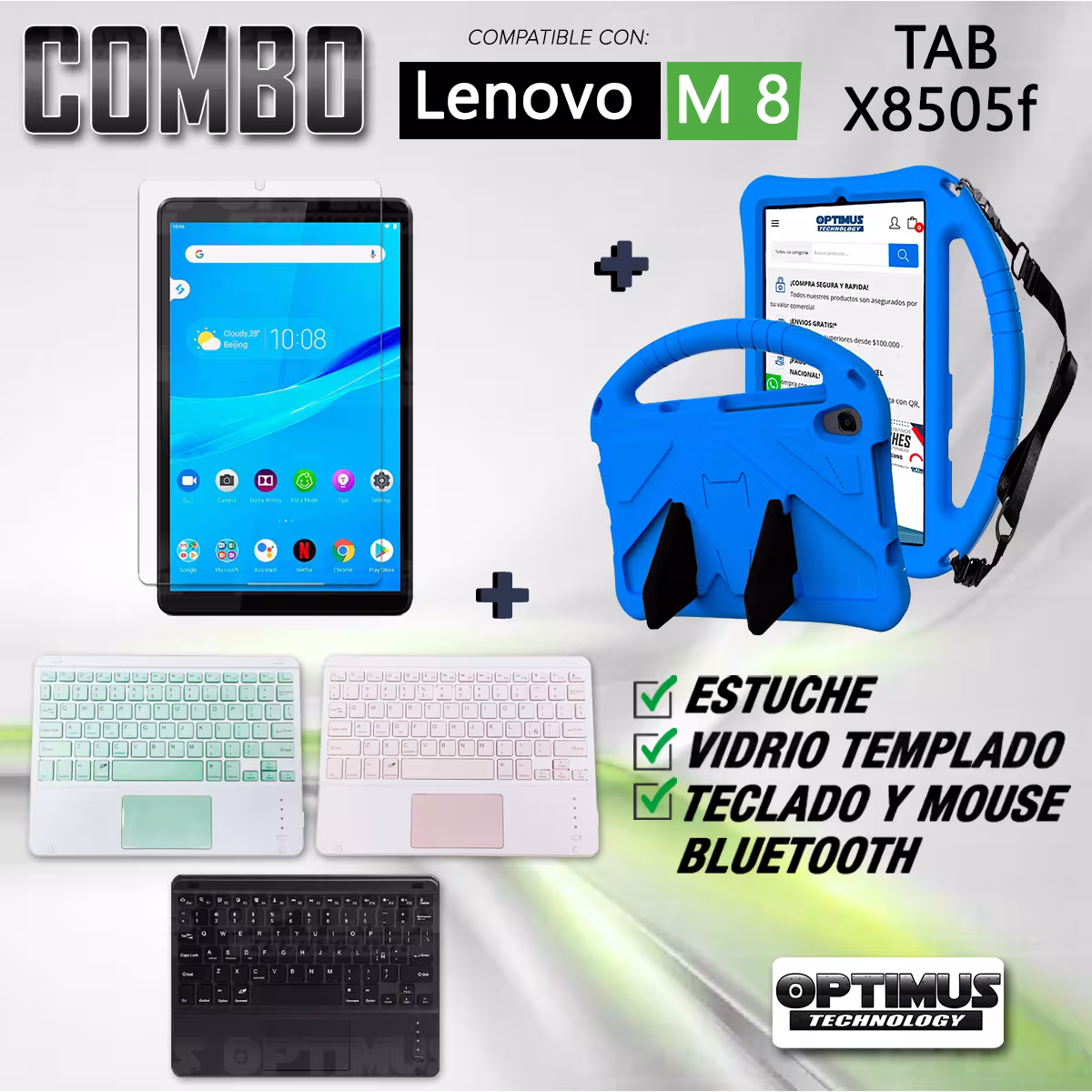 Kit Vidrio templado + Case Protector con correa + Teclado Touchpad Bluetooth Tablet Lenovo M8 X8505f