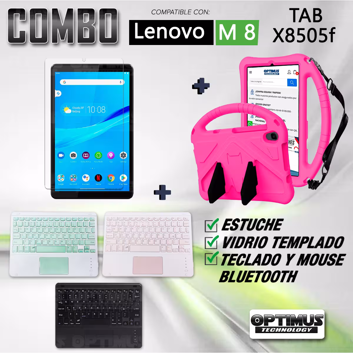 Kit Vidrio templado + Case Protector con correa + Teclado Touchpad Bluetooth Tablet Lenovo M8 X8505f