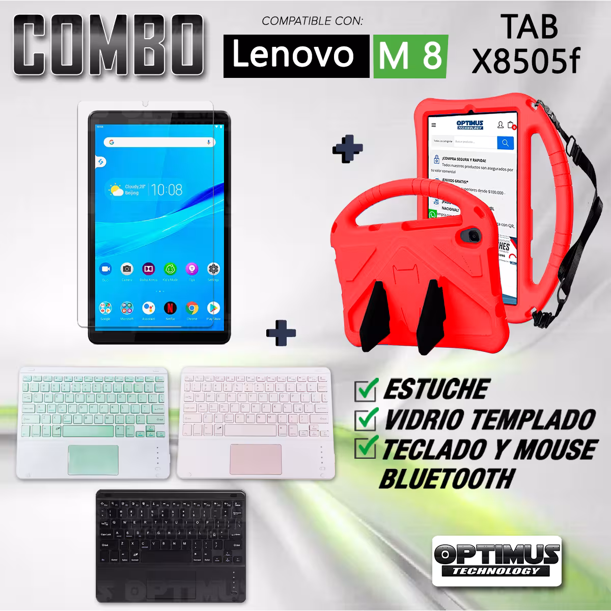 Kit Vidrio templado + Case Protector con correa + Teclado Touchpad Bluetooth Tablet Lenovo M8 X8505f