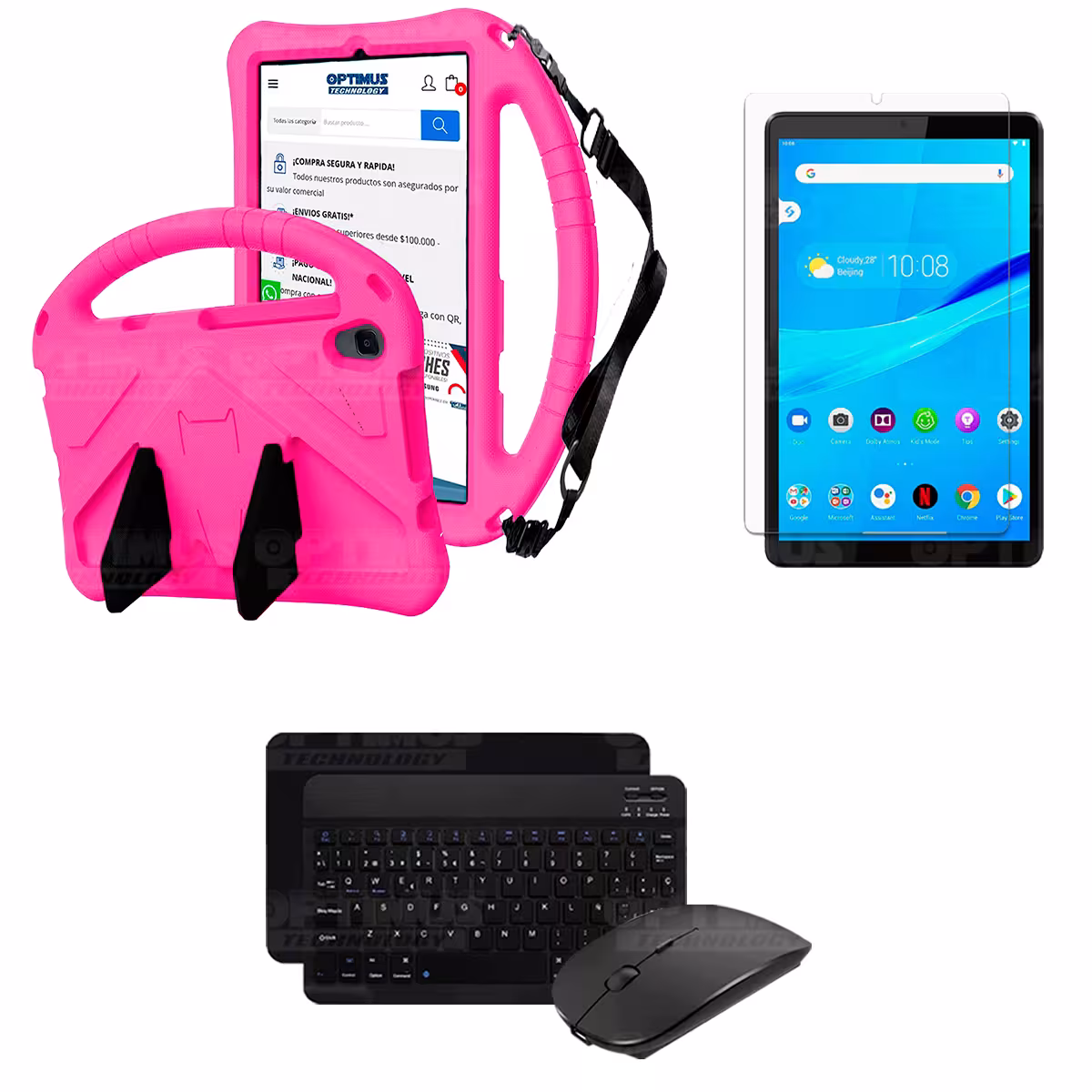 Kit Case Protector con correa + Vidrio templado + Teclado y Mouse Bluetooth Tablet Lenovo M8 X8505f