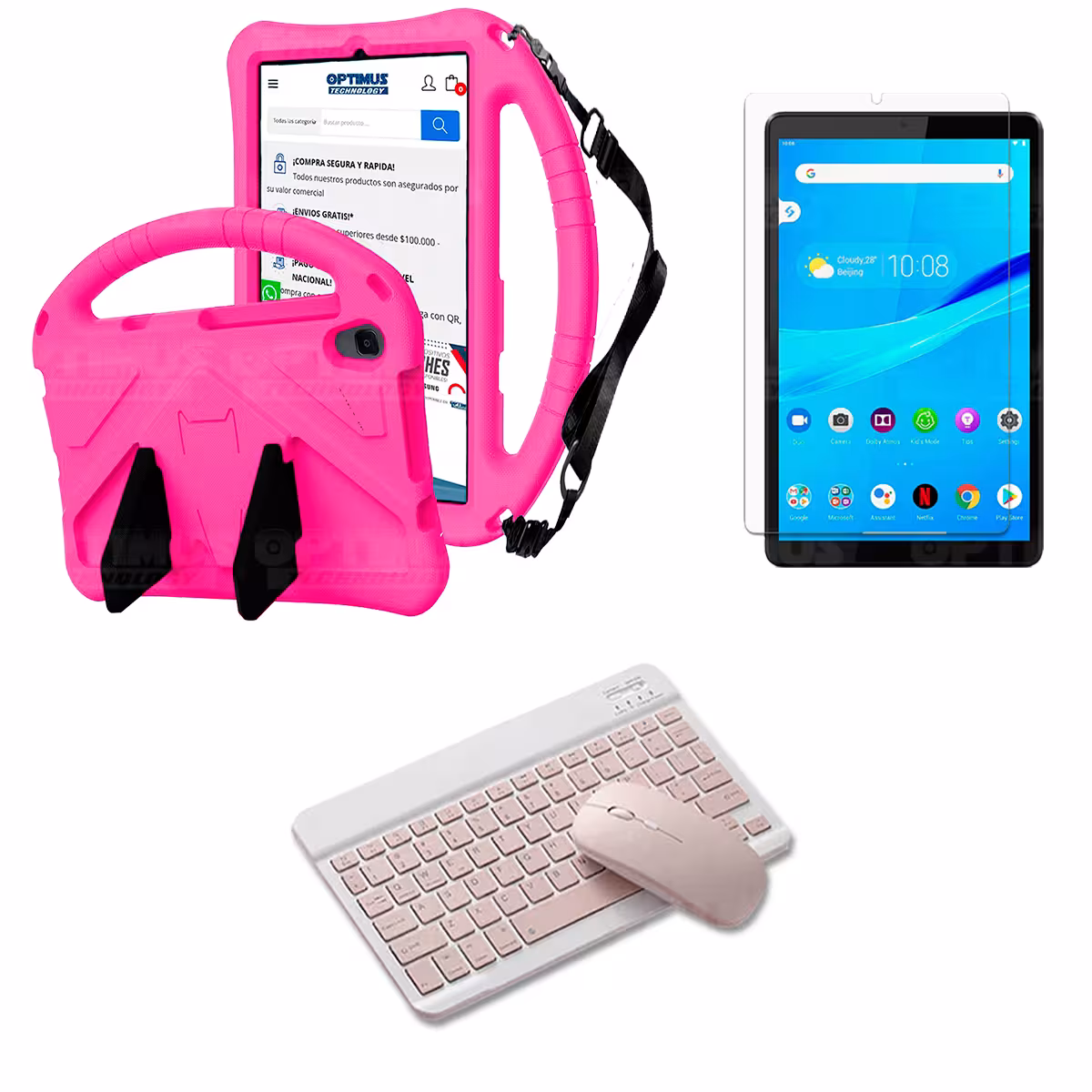 Kit Case Protector con correa + Vidrio templado + Teclado y Mouse Bluetooth Tablet Lenovo M8 X8505f