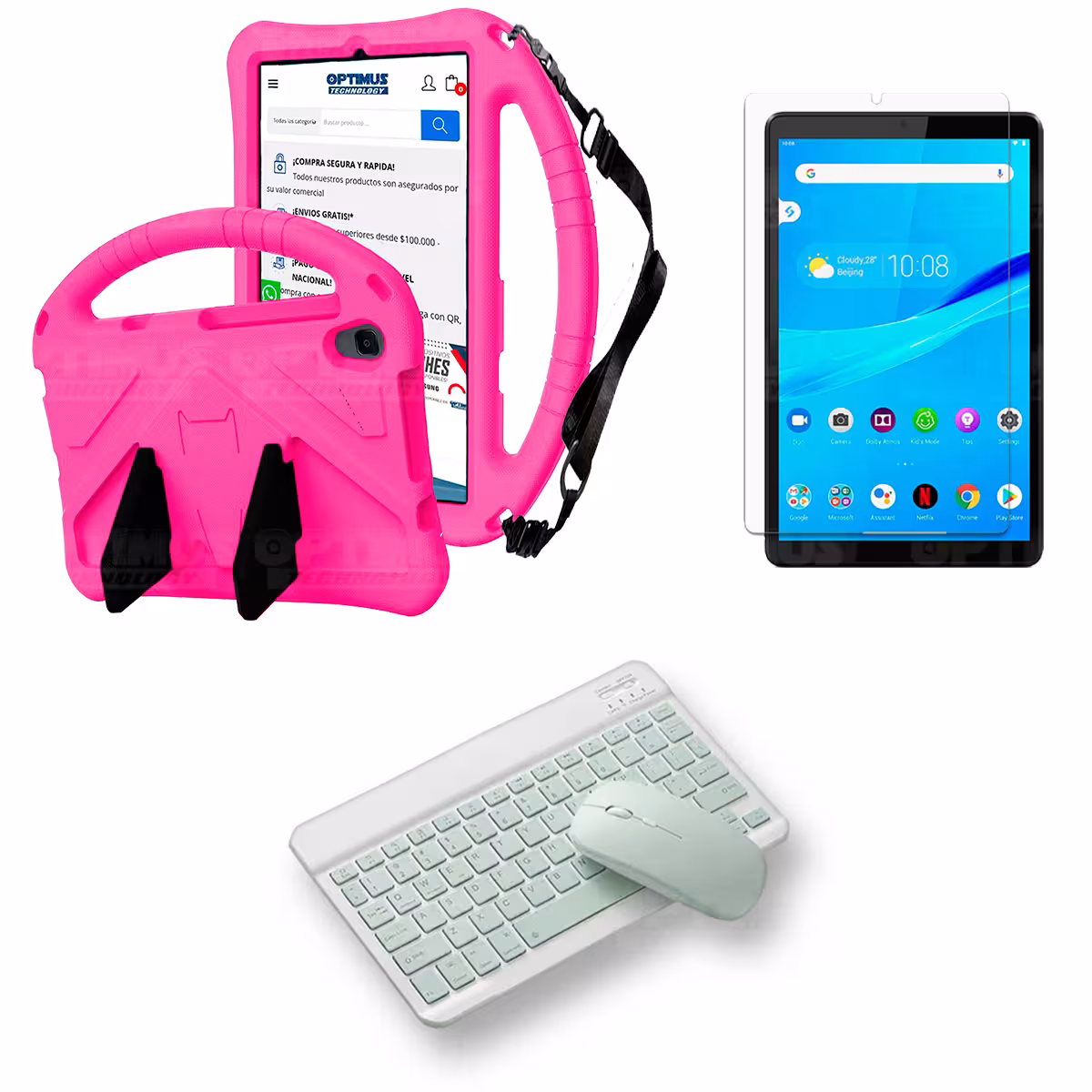 Kit Case Protector con correa + Vidrio templado + Teclado y Mouse Bluetooth Tablet Lenovo M8 X8505f