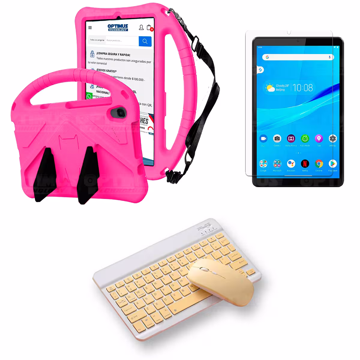 Kit Case Protector con correa + Vidrio templado + Teclado y Mouse Bluetooth Tablet Lenovo M8 X8505f