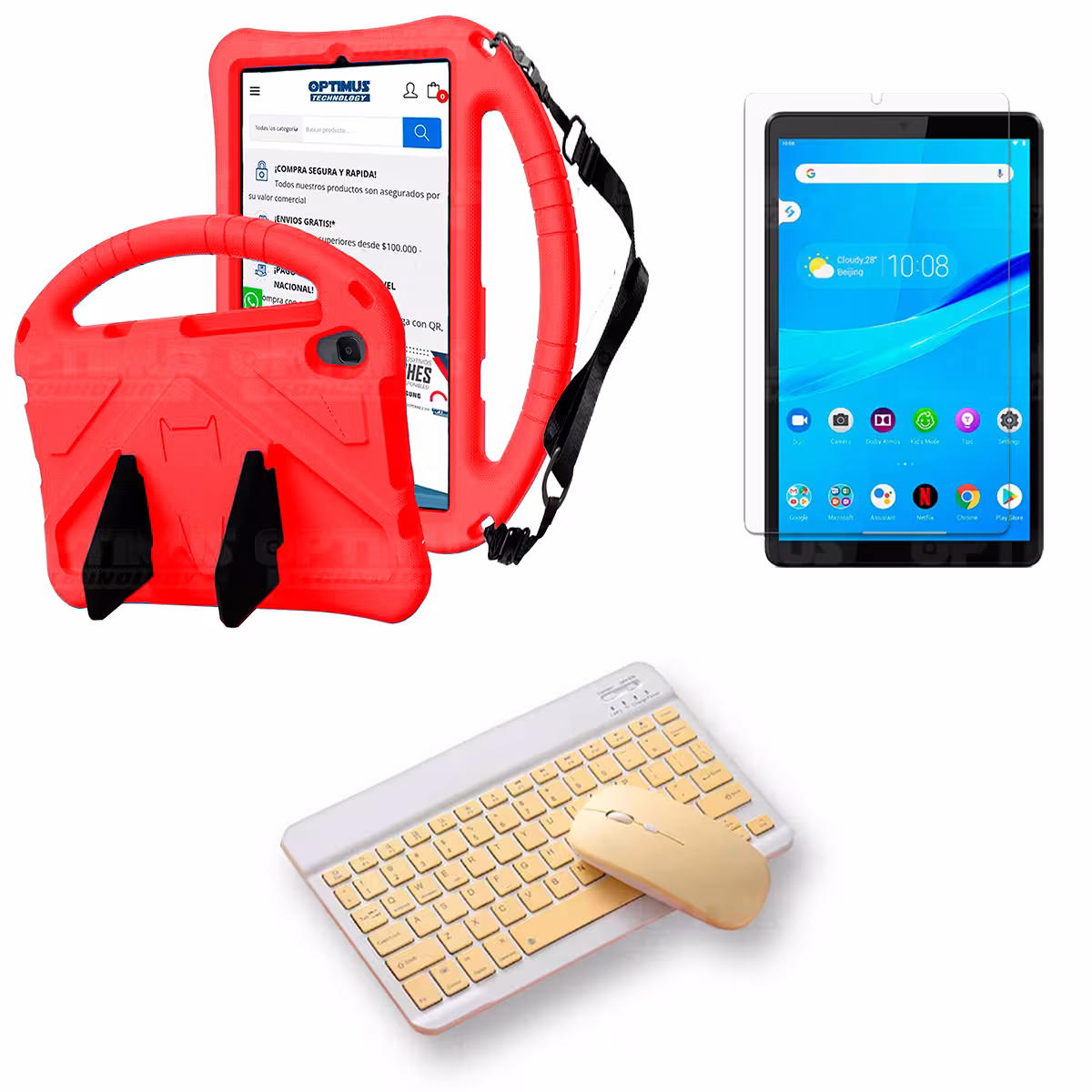 Kit Case Protector con correa + Vidrio templado + Teclado y Mouse Bluetooth Tablet Lenovo M8 X8505f
