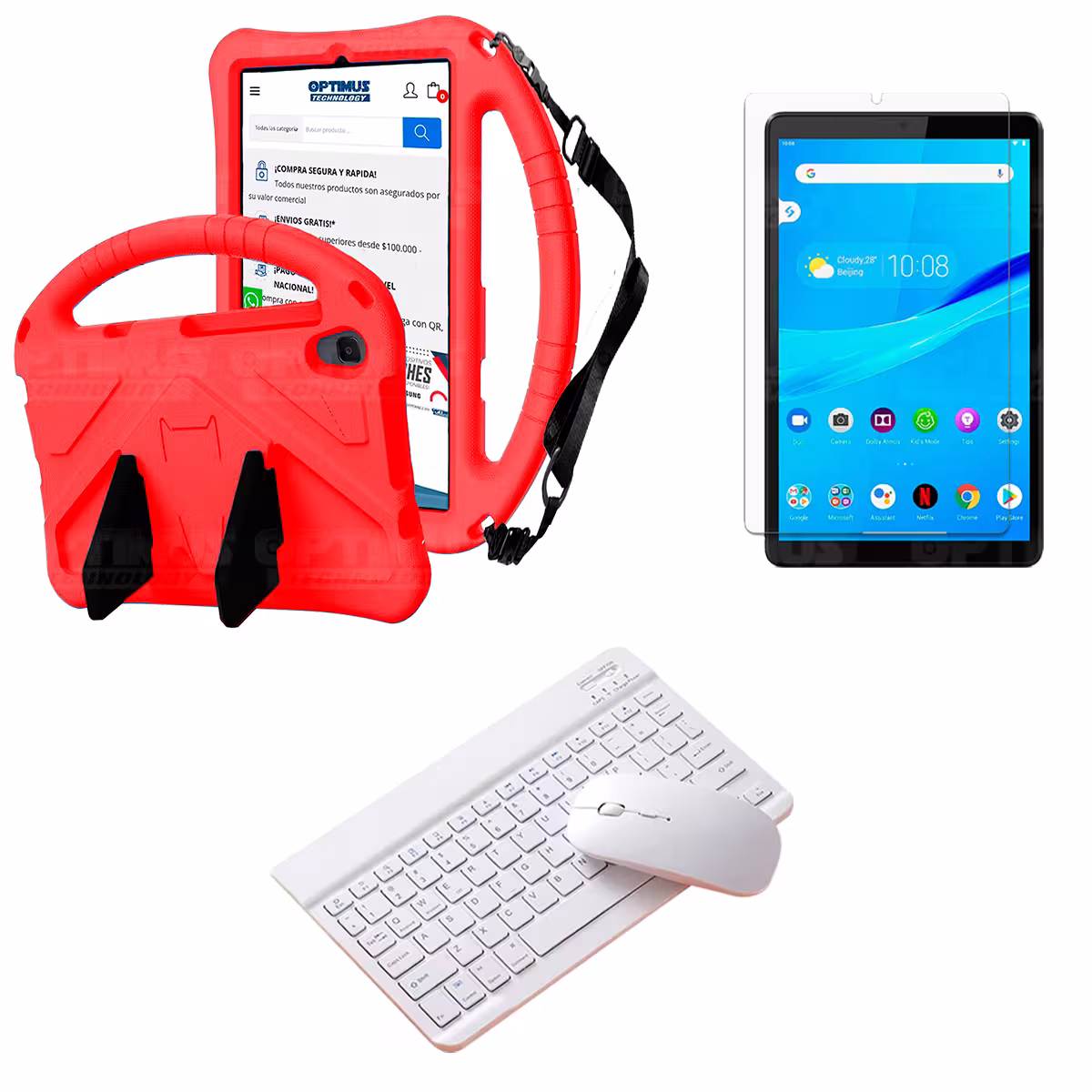 Kit Case Protector con correa + Vidrio templado + Teclado y Mouse Bluetooth Tablet Lenovo M8 X8505f