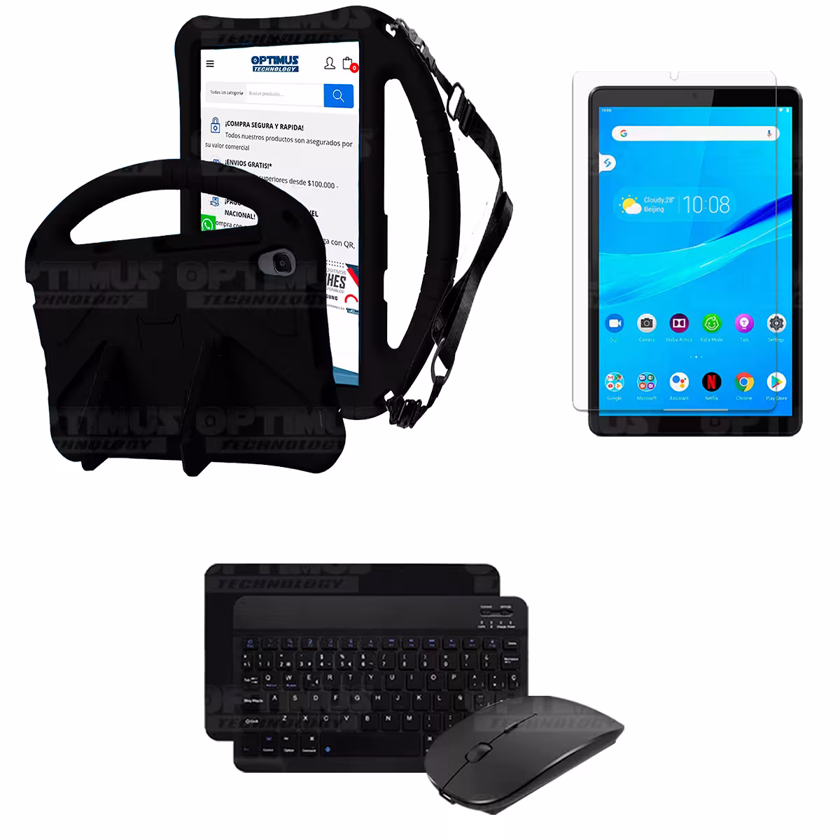 Kit Case Protector con correa + Vidrio templado + Teclado y Mouse Bluetooth Tablet Lenovo M8 X8505f