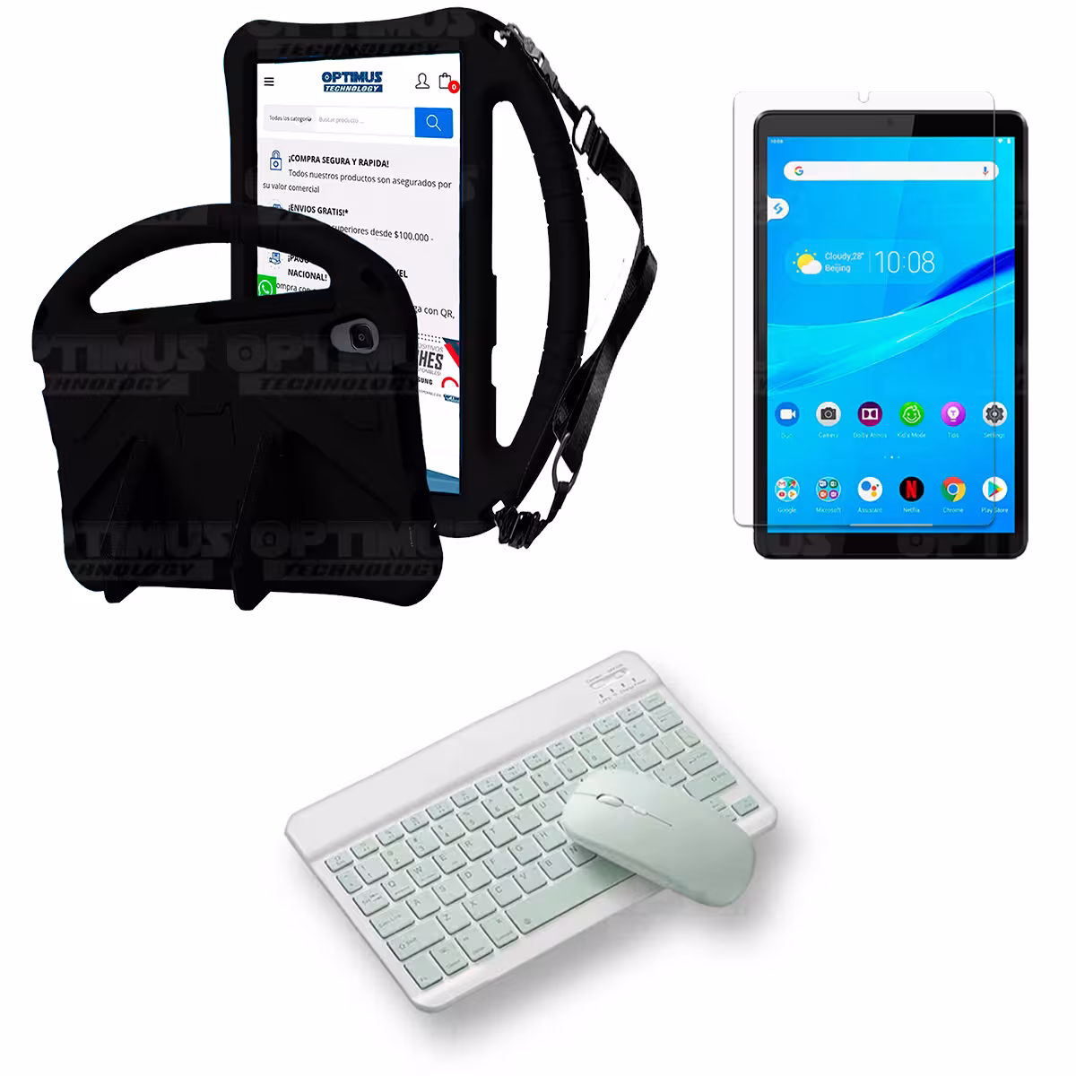 Kit Case Protector con correa + Vidrio templado + Teclado y Mouse Bluetooth Tablet Lenovo M8 X8505f