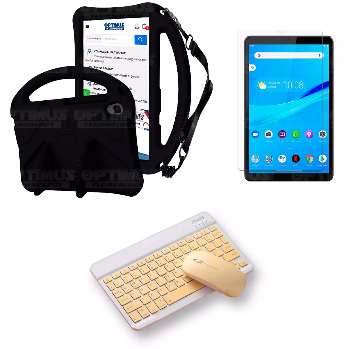 Kit Case Protector con correa + Vidrio templado + Teclado y Mouse Bluetooth Tablet Lenovo M8 X8505f