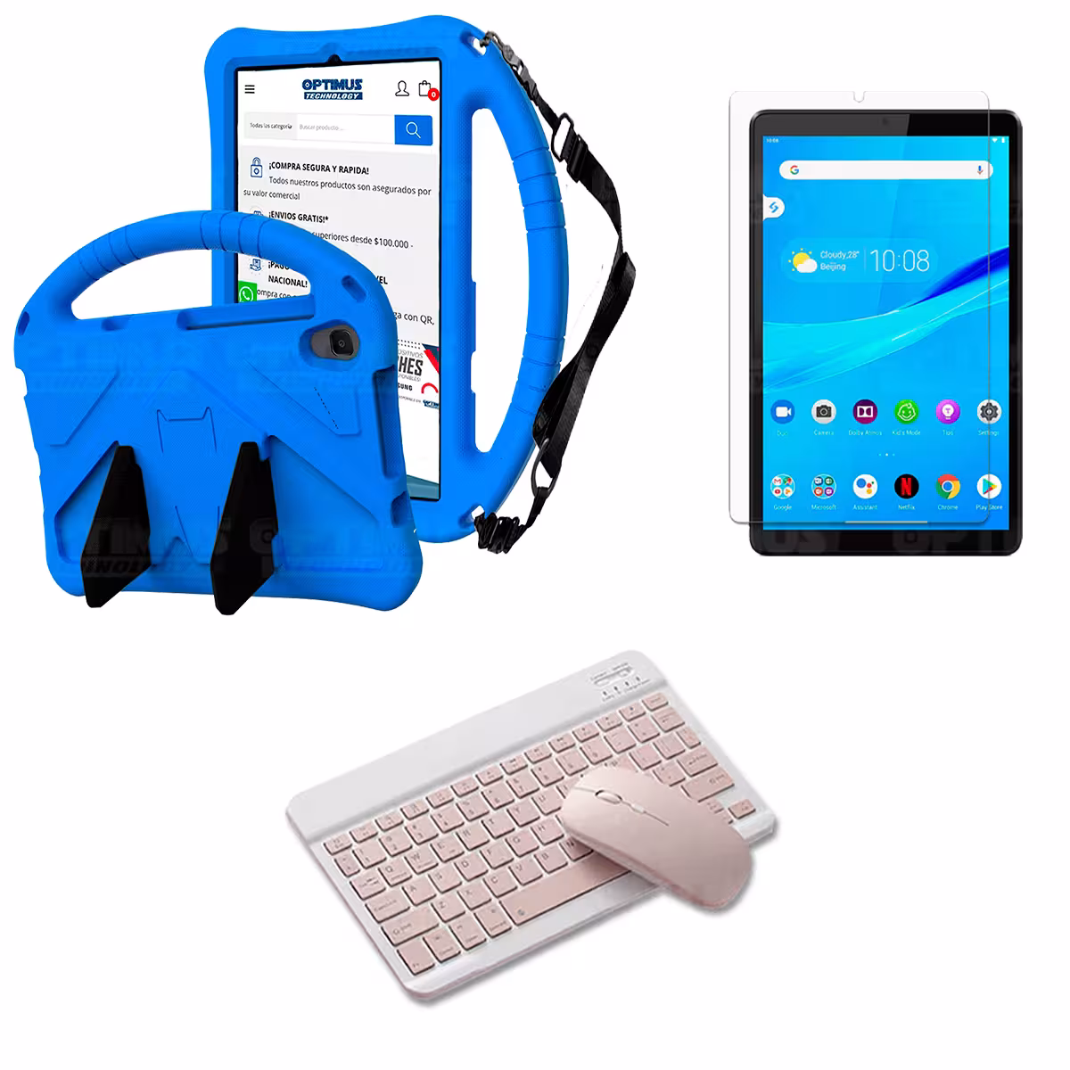 Kit Case Protector con correa + Vidrio templado + Teclado y Mouse Bluetooth Tablet Lenovo M8 X8505f