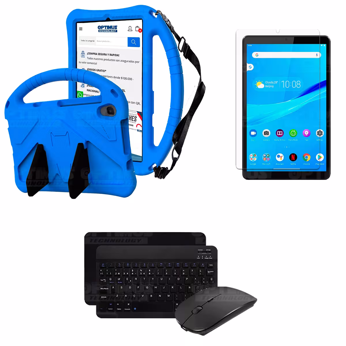 Kit Case Protector con correa + Vidrio templado + Teclado y Mouse Bluetooth Tablet Lenovo M8 X8505f