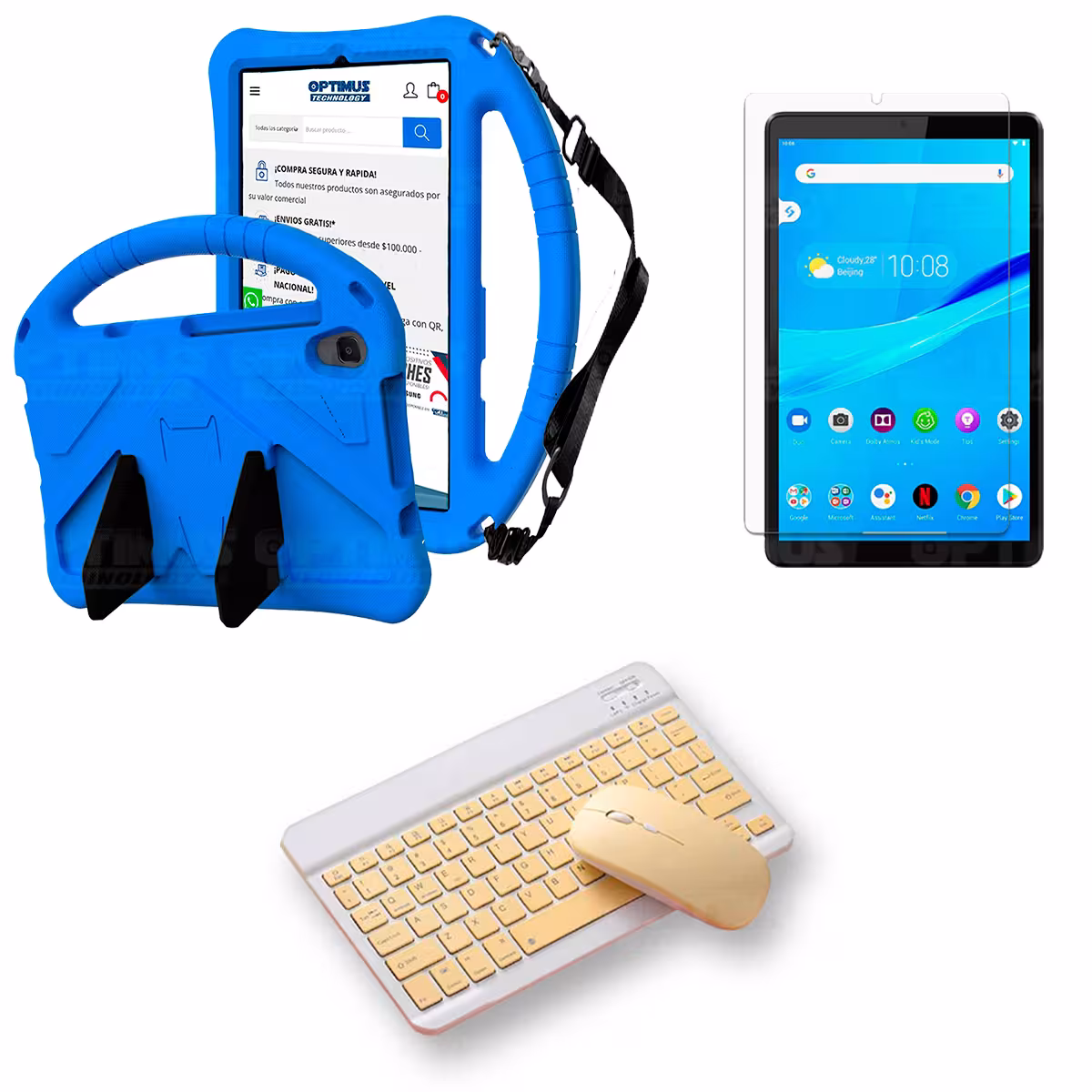 Kit Case Protector con correa + Vidrio templado + Teclado y Mouse Bluetooth Tablet Lenovo M8 X8505f