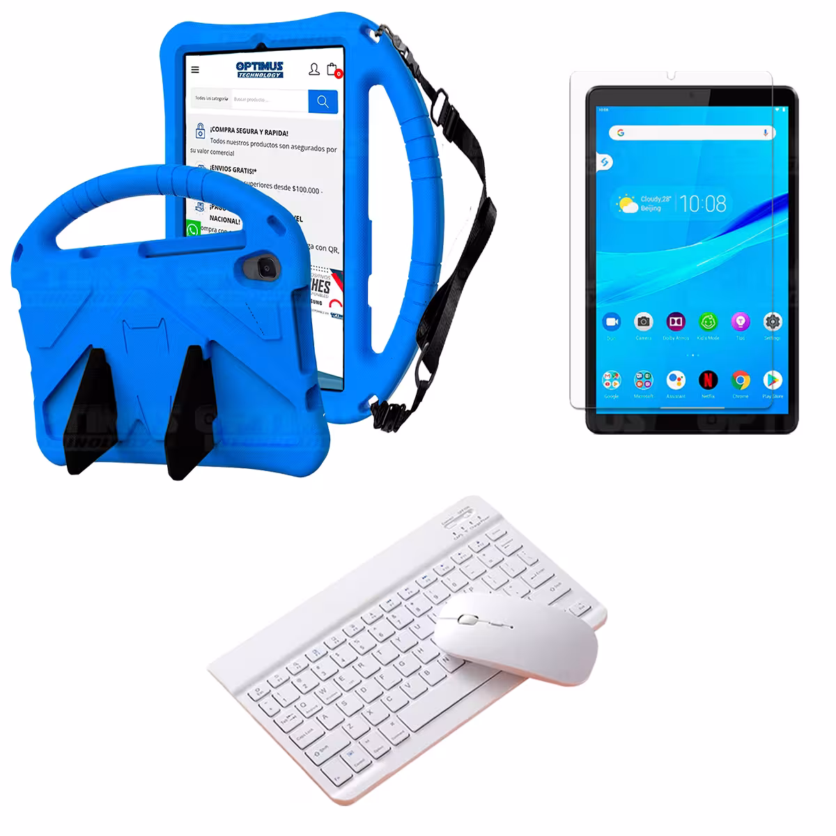 Kit Case Protector con correa + Vidrio templado + Teclado y Mouse Bluetooth Tablet Lenovo M8 X8505f