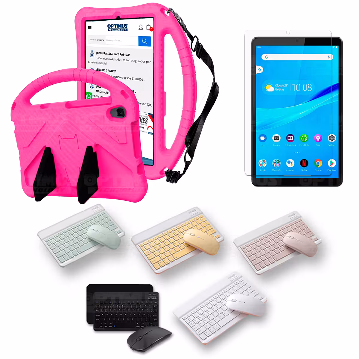 Kit Case Protector con correa + Vidrio templado + Teclado y Mouse Bluetooth Tablet Lenovo M8 X8505f