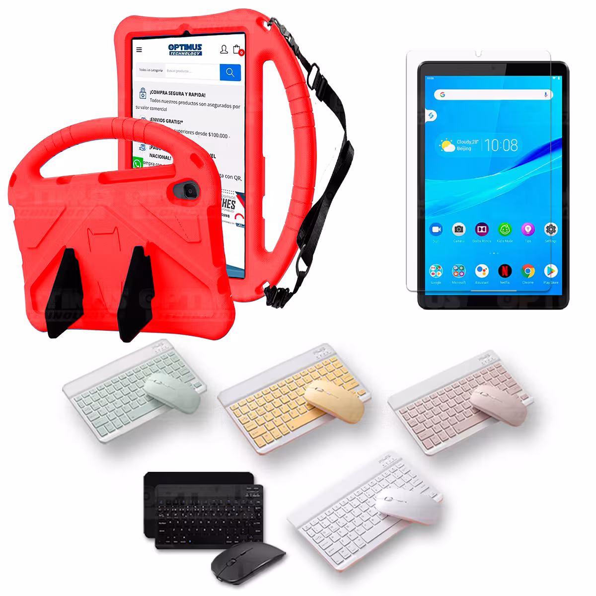 Kit Case Protector con correa + Vidrio templado + Teclado y Mouse Bluetooth Tablet Lenovo M8 X8505f