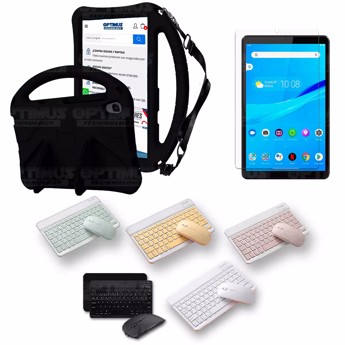 Kit Case Protector con correa + Vidrio templado + Teclado y Mouse Bluetooth Tablet Lenovo M8 X8505f